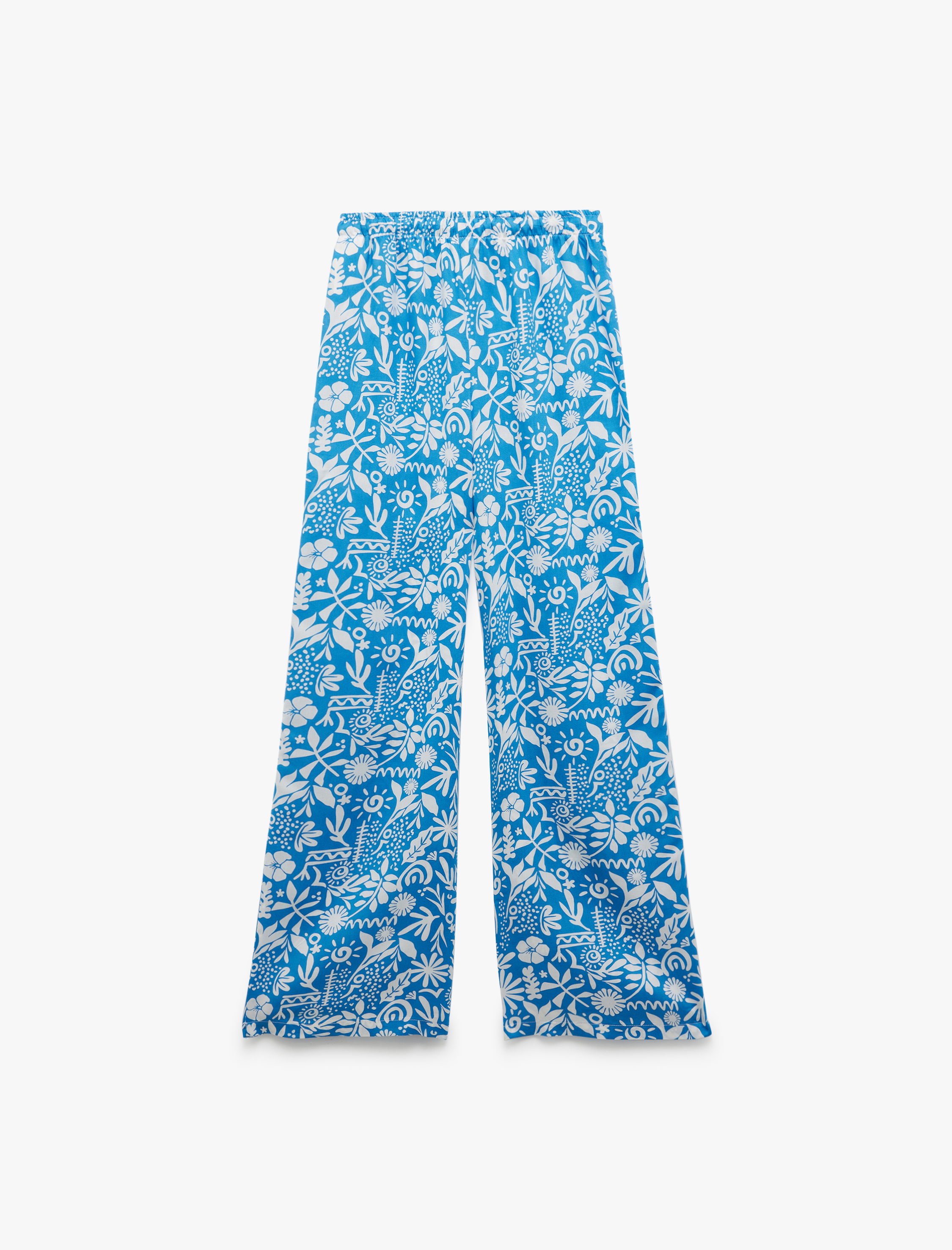   Çiçekli Beli Bağcıklı Viskon Geniş Paça Pantolon