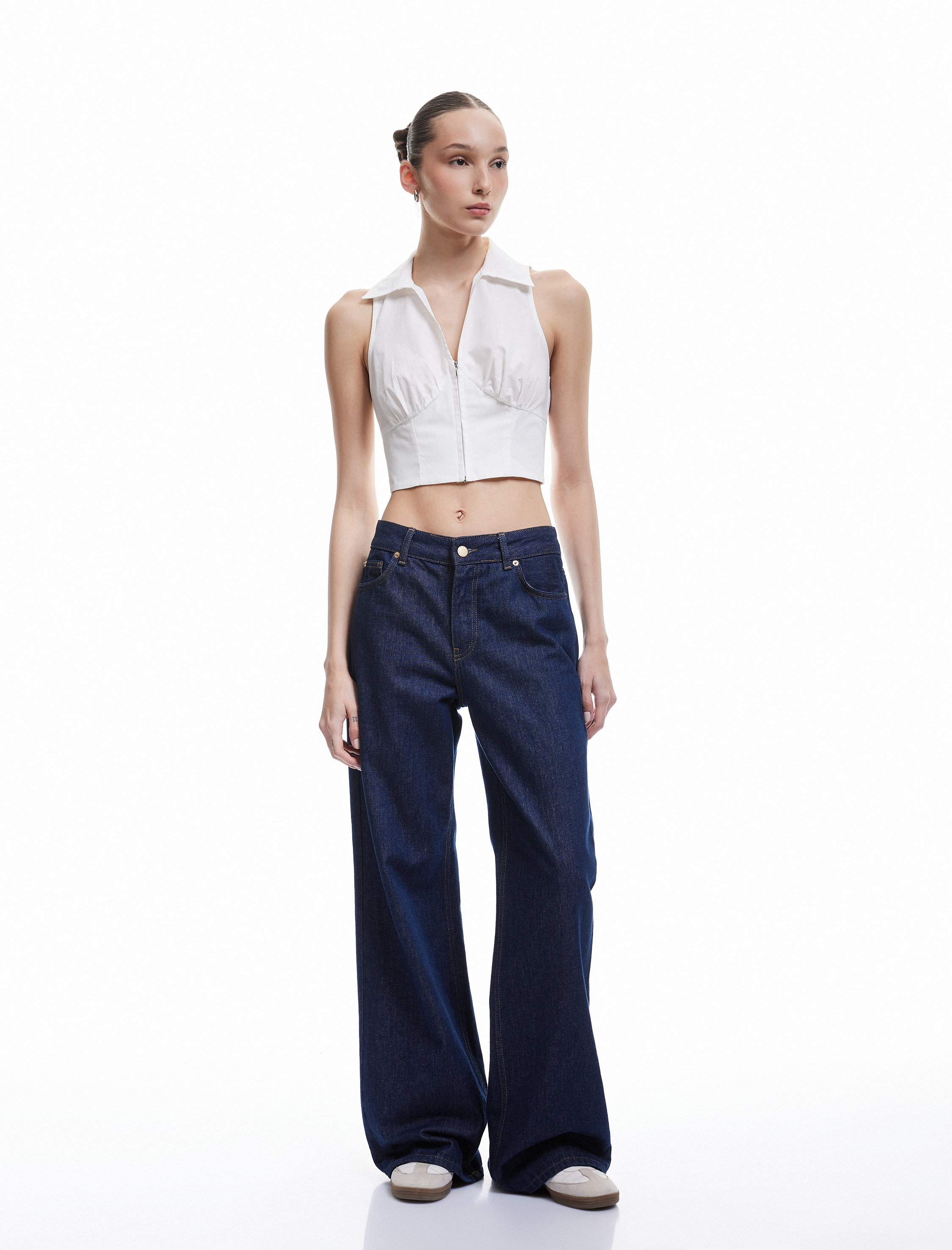   Fermuarlı Pamuklu Dar Kesim Gömlek Yaka Kolsuz Crop Bluz