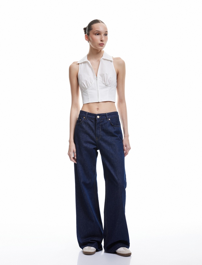  Fermuarlı Pamuklu Dar Kesim Gömlek Yaka Kolsuz Crop Bluz