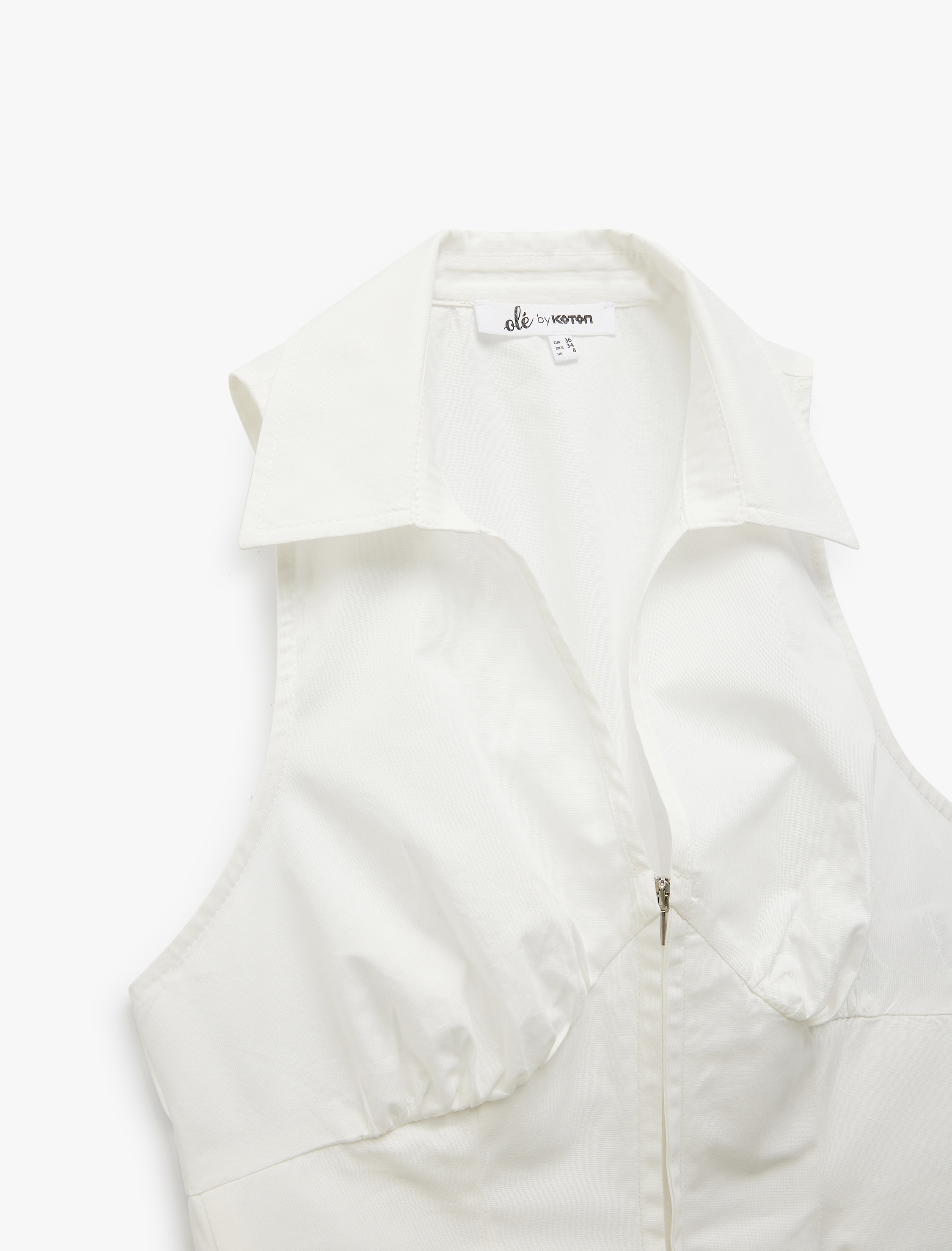   Fermuarlı Pamuklu Dar Kesim Gömlek Yaka Kolsuz Crop Bluz