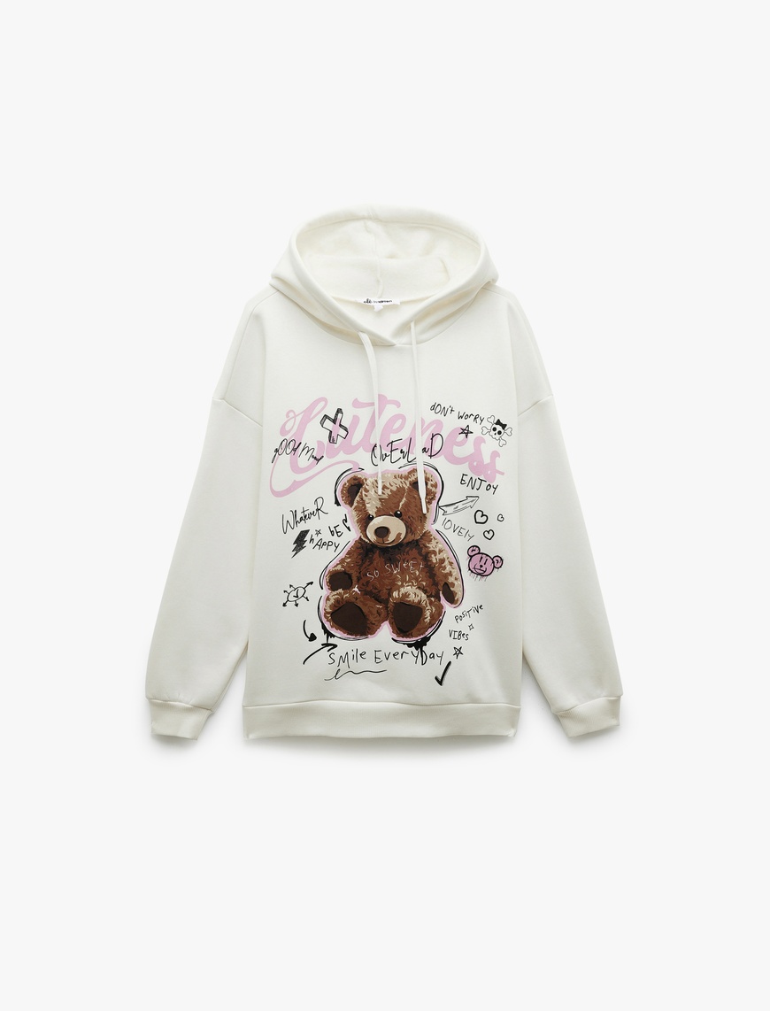  Şardonlu Uzun Kollu Kapüşonlu Baskılı Oversize Sweatshirt