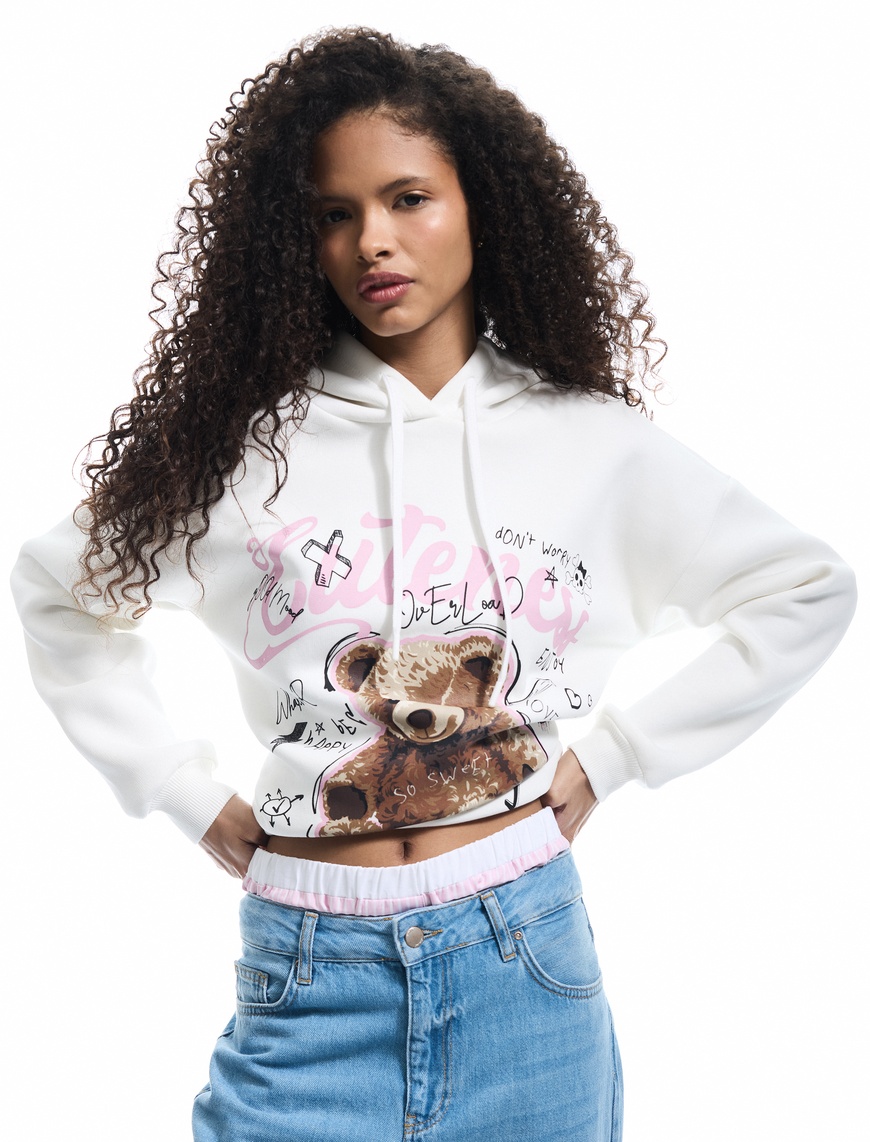   Şardonlu Uzun Kollu Kapüşonlu Baskılı Oversize Sweatshirt