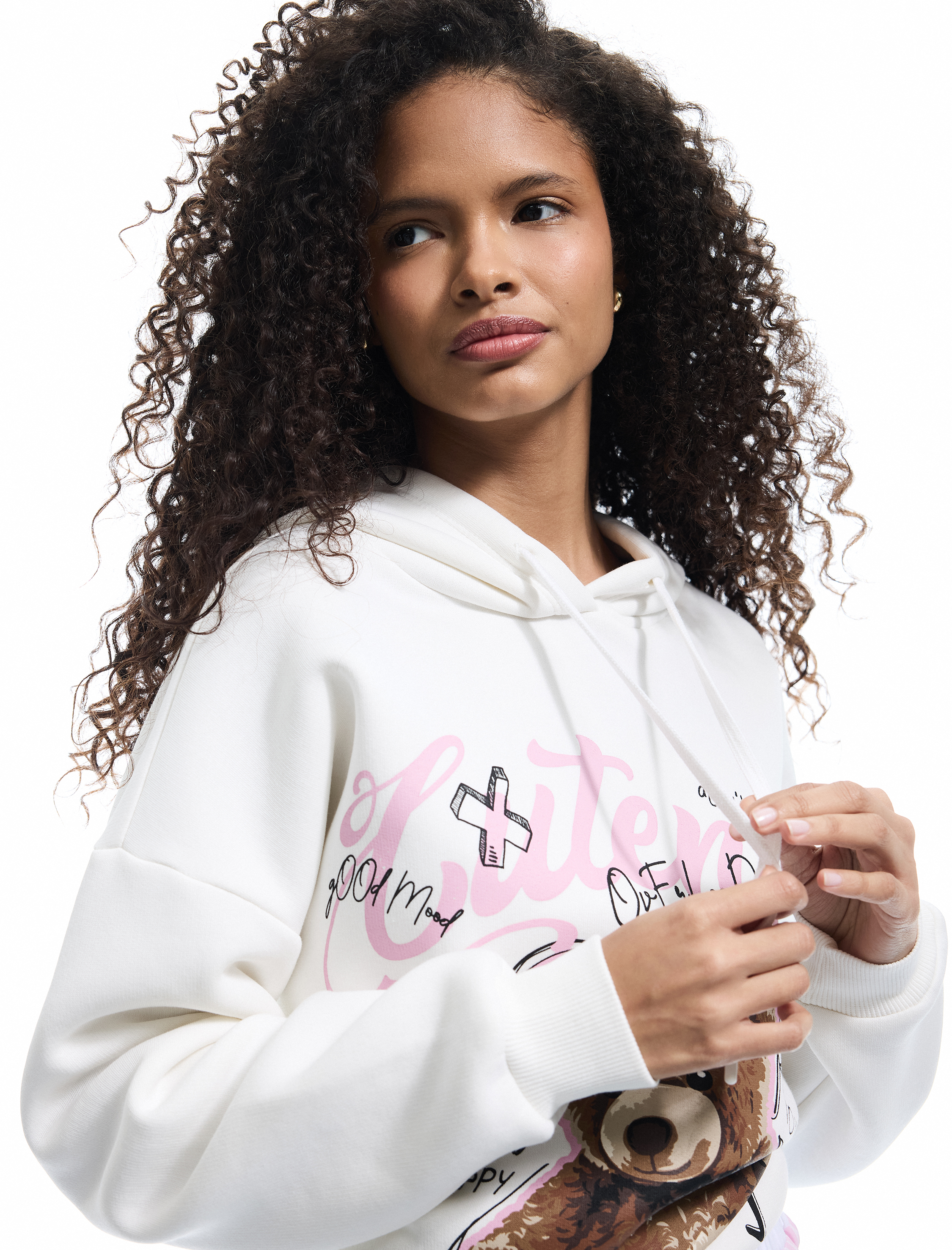   Şardonlu Uzun Kollu Kapüşonlu Baskılı Oversize Sweatshirt