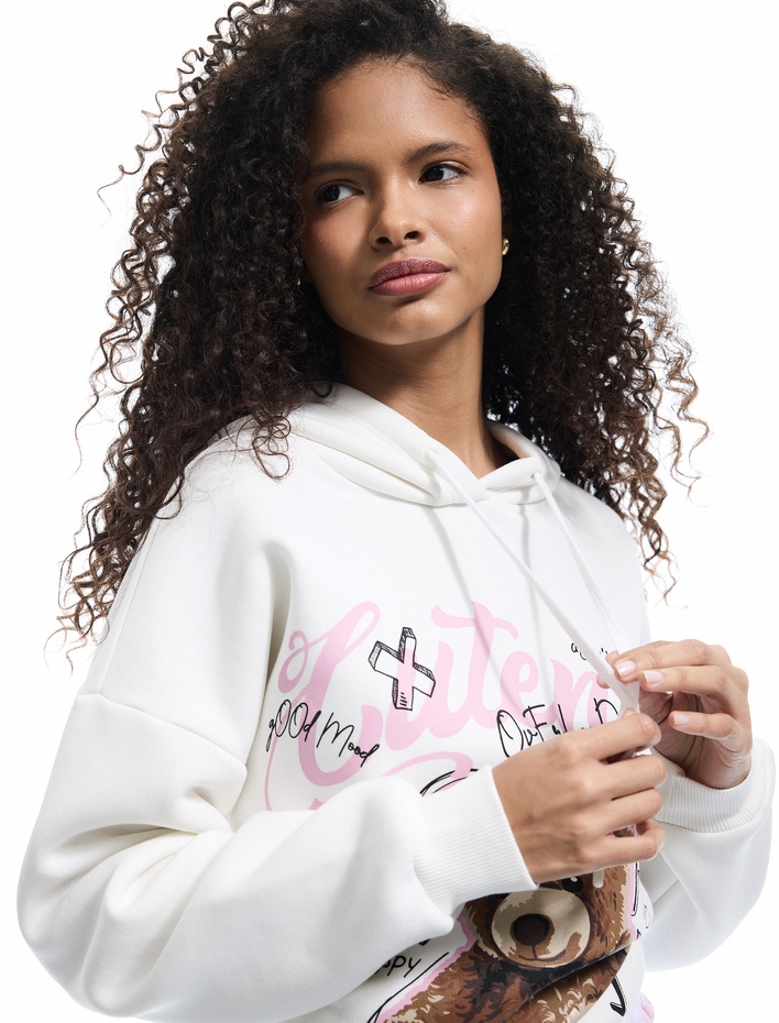  Şardonlu Uzun Kollu Kapüşonlu Baskılı Oversize Sweatshirt