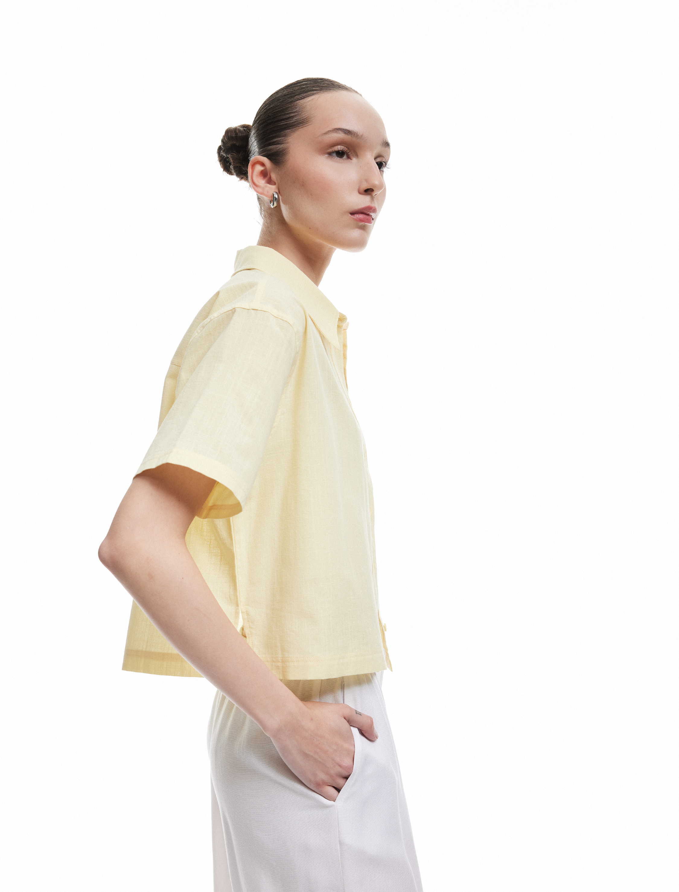   Düğmeli Klasik Yaka Crop Kısa Kollu Gömlek