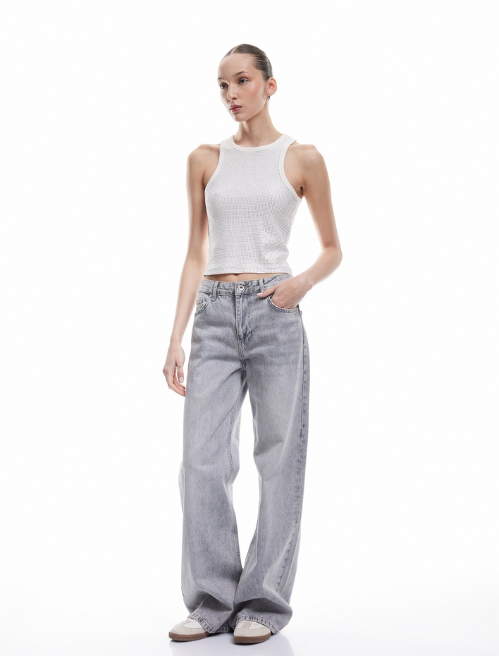  Pamuklu Taş Detaylı Dar Kesim Kolsuz Bisiklet Yaka Bluz