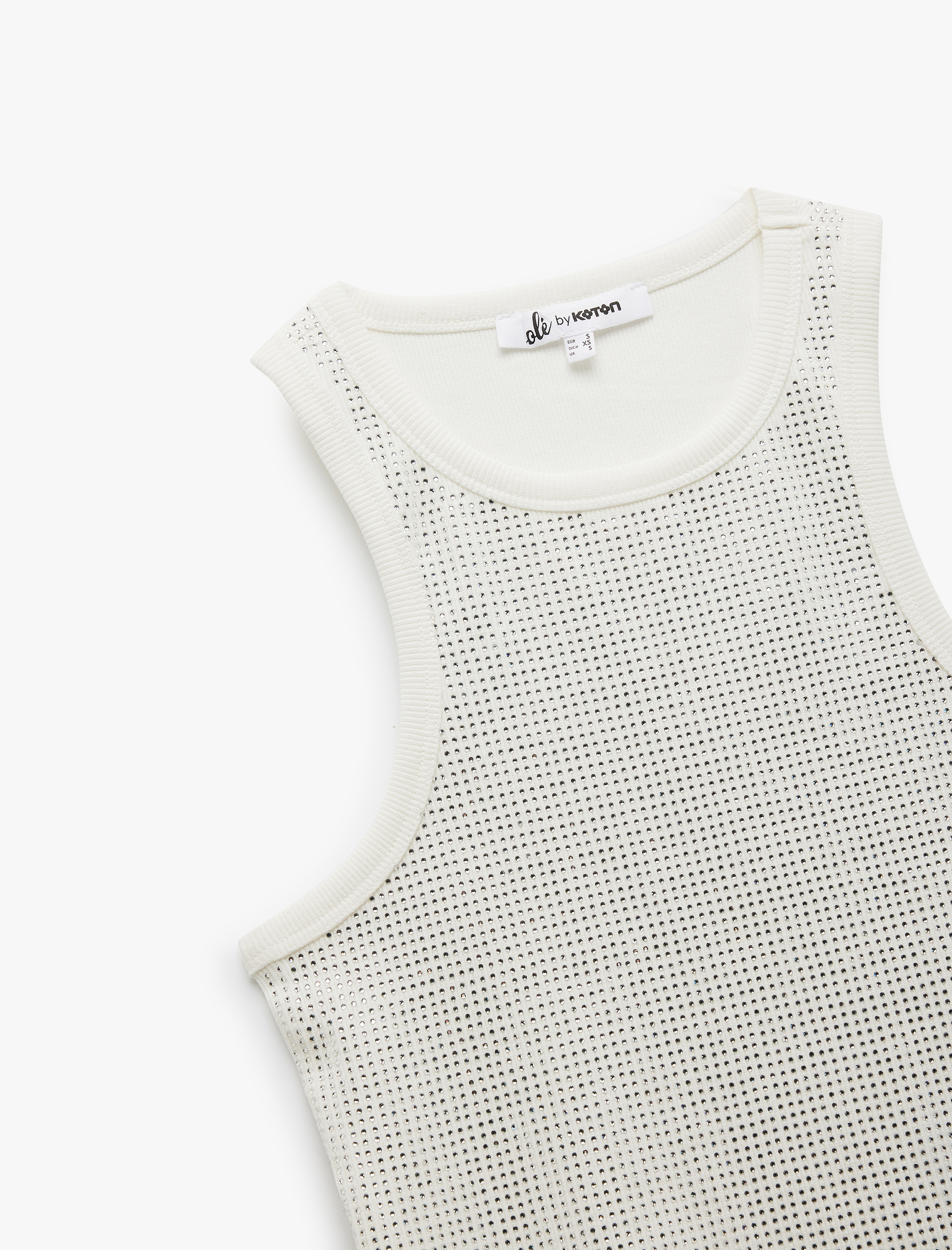   Pamuklu Taş Detaylı Dar Kesim Kolsuz Bisiklet Yaka Bluz