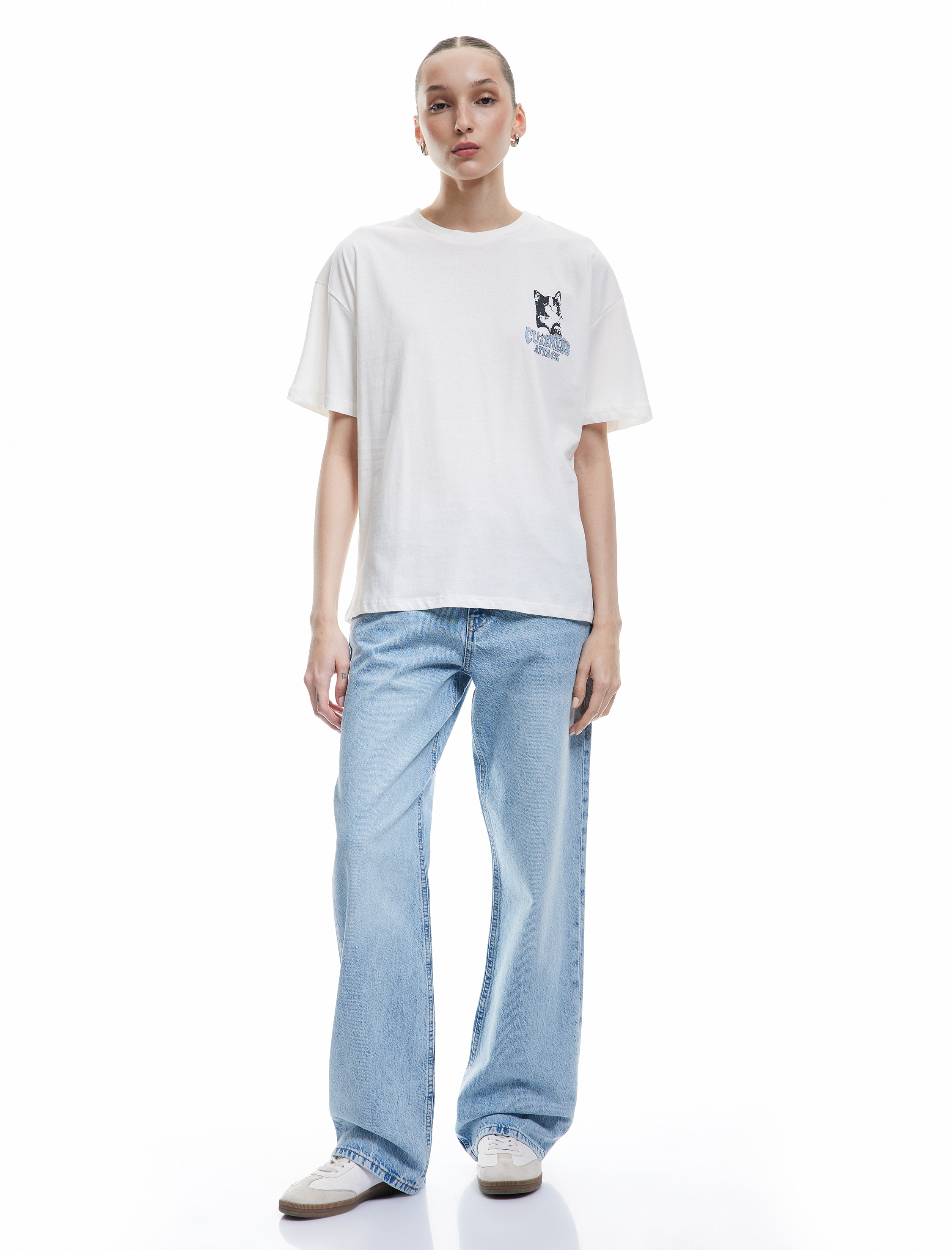   Kısa Kollu Bisiklet Yaka Pamuklu Kedi Baskılı Oversize Tişört