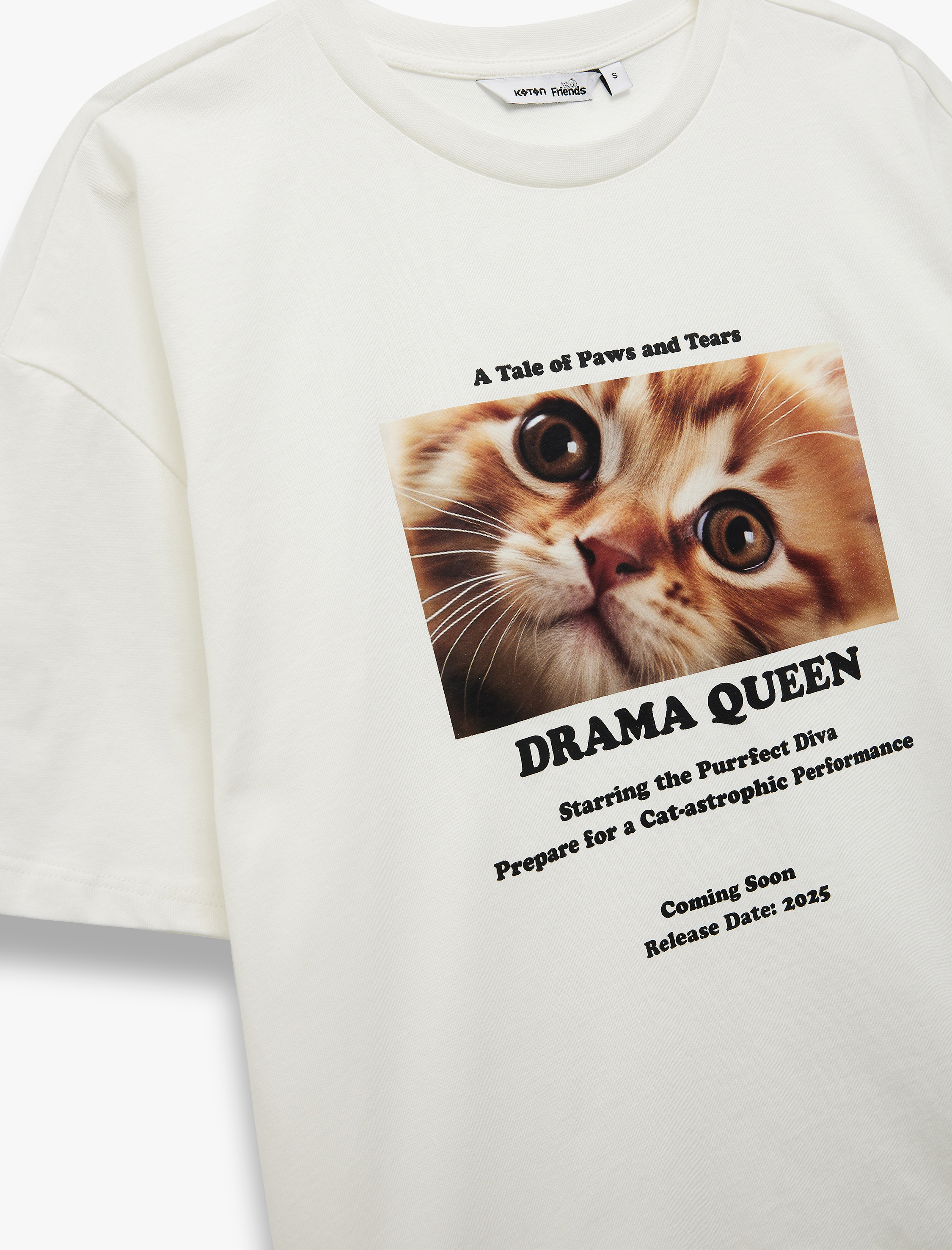 Kısa Kollu Bisiklet Yaka Pamuklu Kedi Baskılı Oversize Tişört