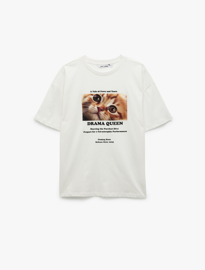   Kısa Kollu Bisiklet Yaka Pamuklu Kedi Baskılı Oversize Tişört