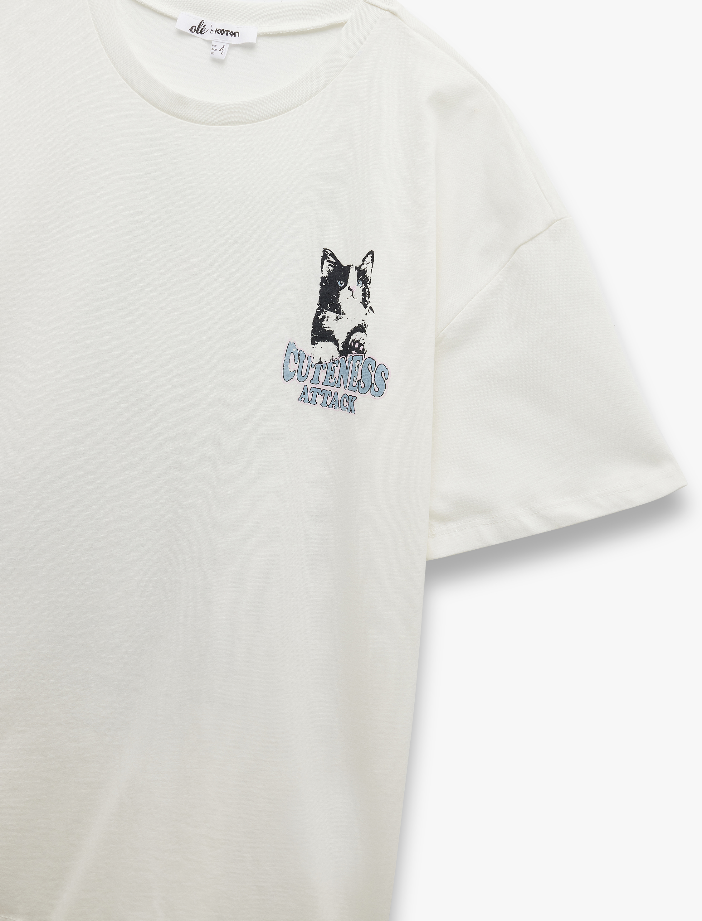   Kısa Kollu Bisiklet Yaka Pamuklu Kedi Baskılı Oversize Tişört