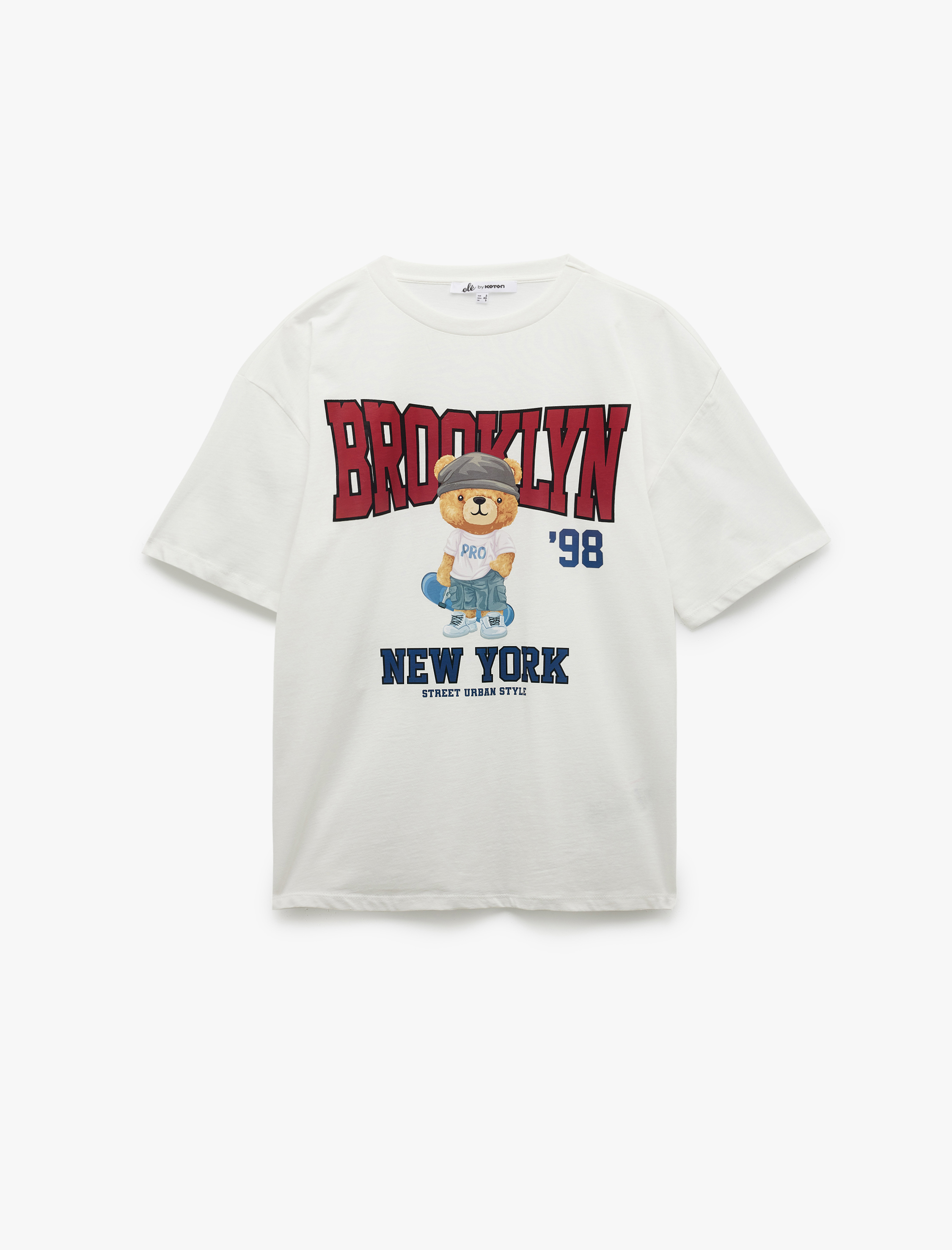   Kısa Kollu Bisiklet Yaka Pamuklu Ayıcık Baskılı Oversize Tişört