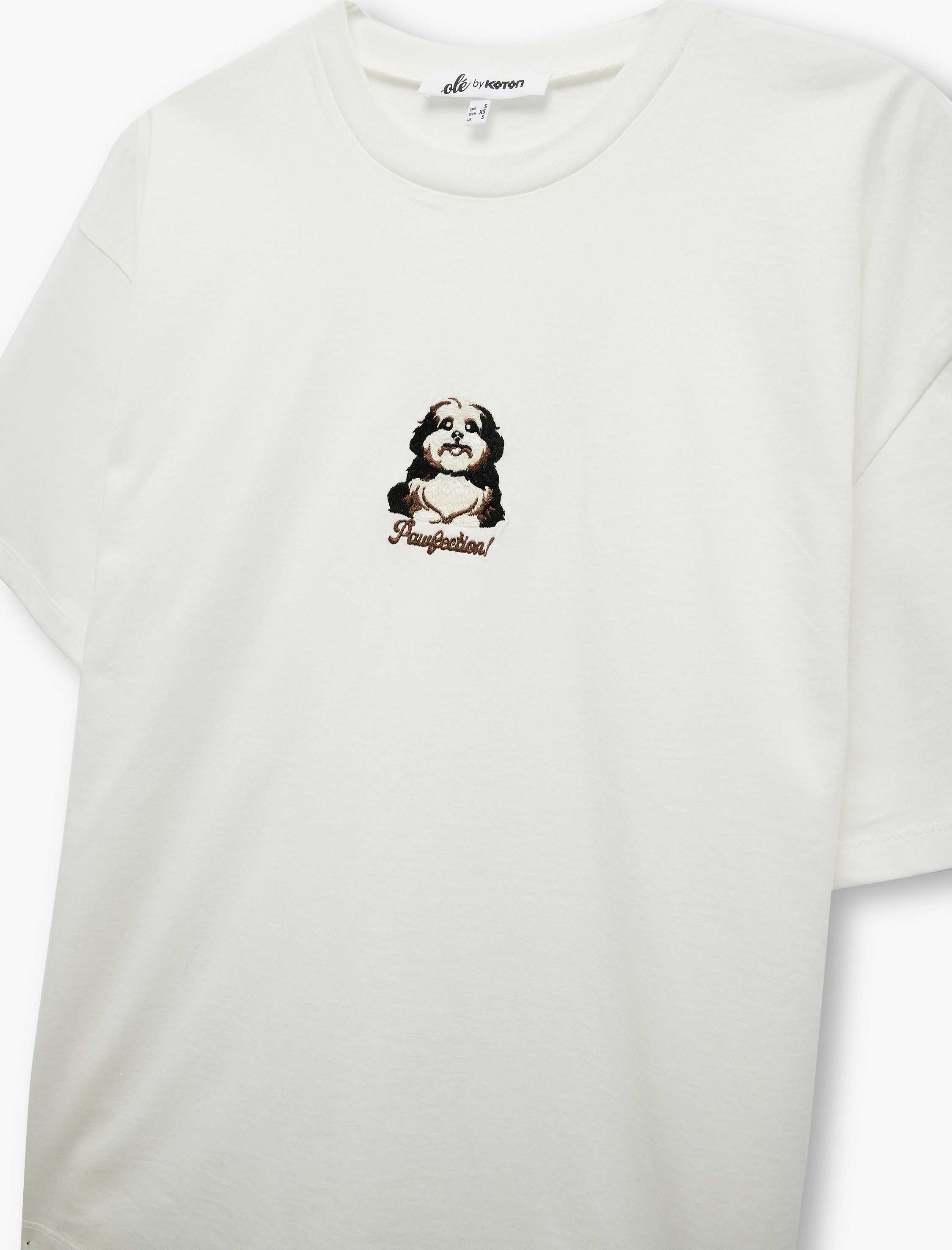   Kısa Kollu Bisiklet Yaka Pamuklu Köpek Nakışlı Oversize Tişört