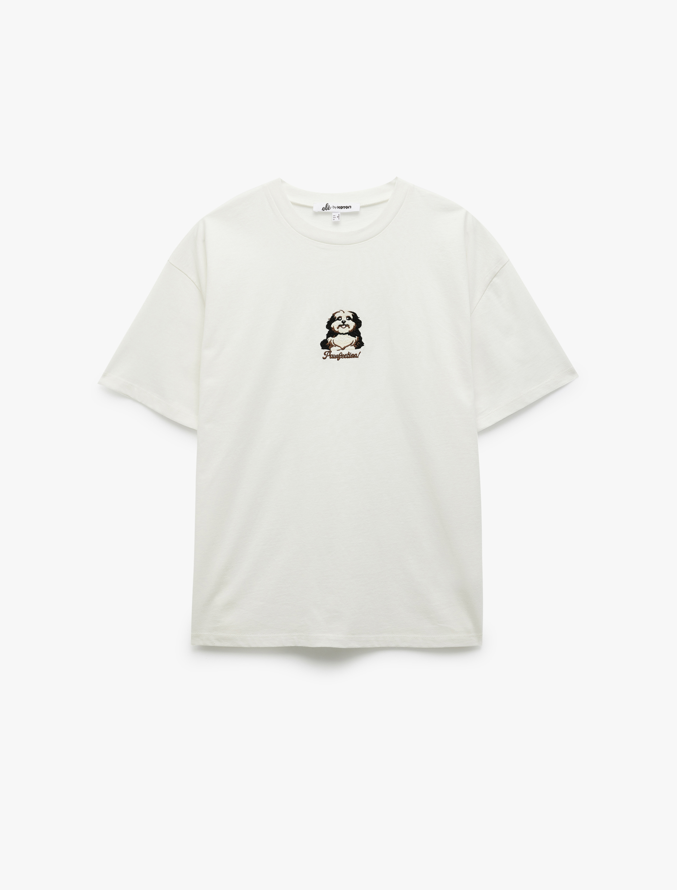   Kısa Kollu Bisiklet Yaka Pamuklu Köpek Nakışlı Oversize Tişört