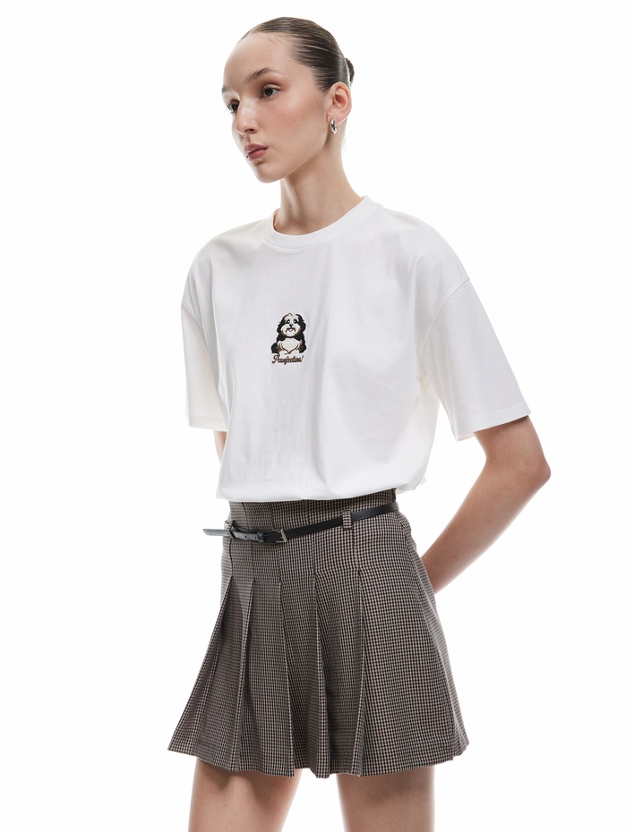  Kısa Kollu Bisiklet Yaka Pamuklu Köpek Nakışlı Oversize Tişört