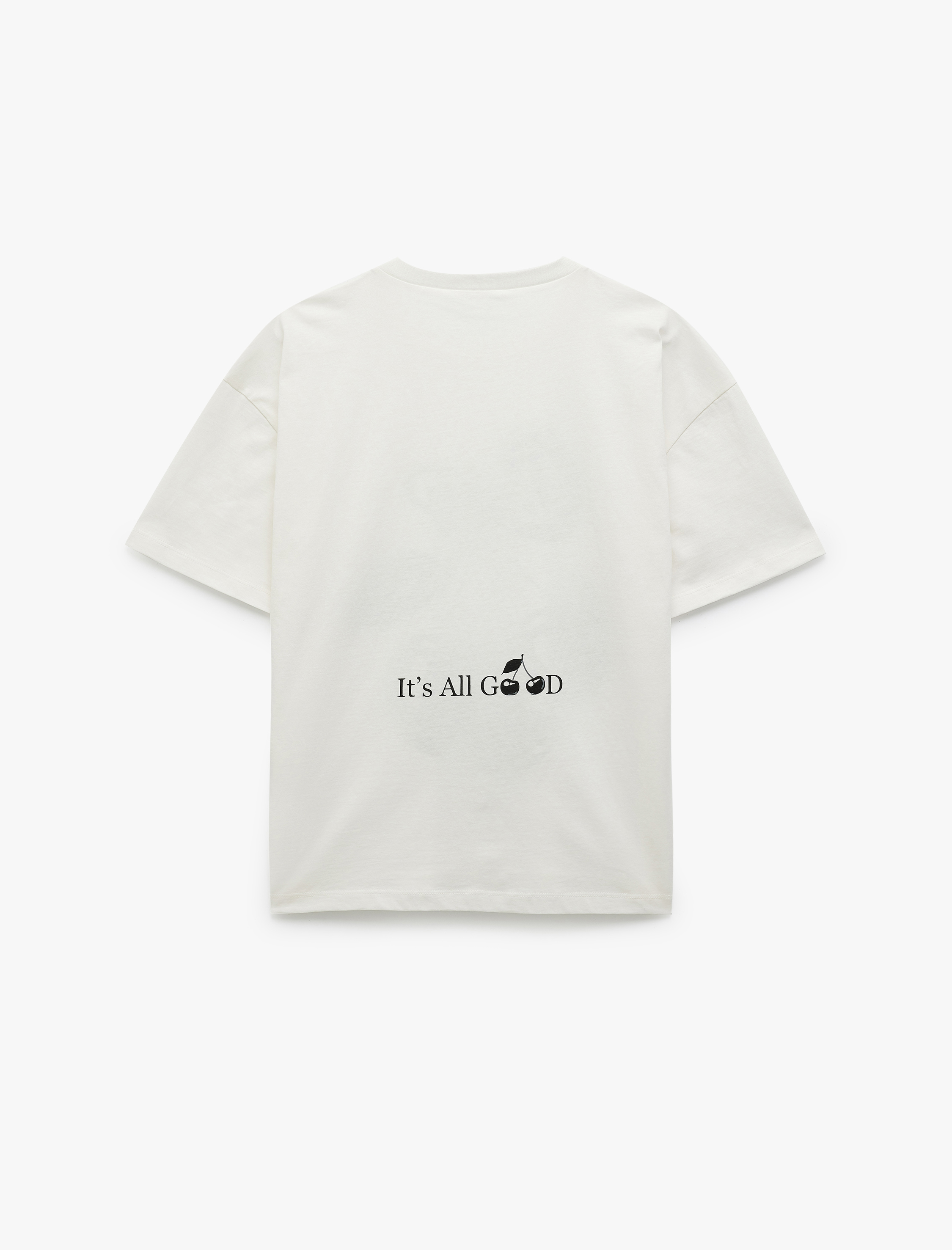   Kısa Kollu Bisiklet Yaka Pamuklu Arkası Kiraz Baskılı Oversize Tişört