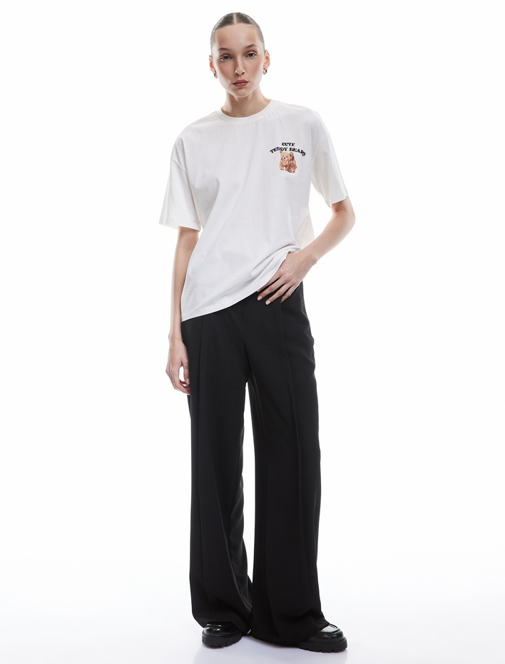  Kısa Kollu Bisiklet Yaka Pamuklu Arkası Baskılı Oversize Tişört