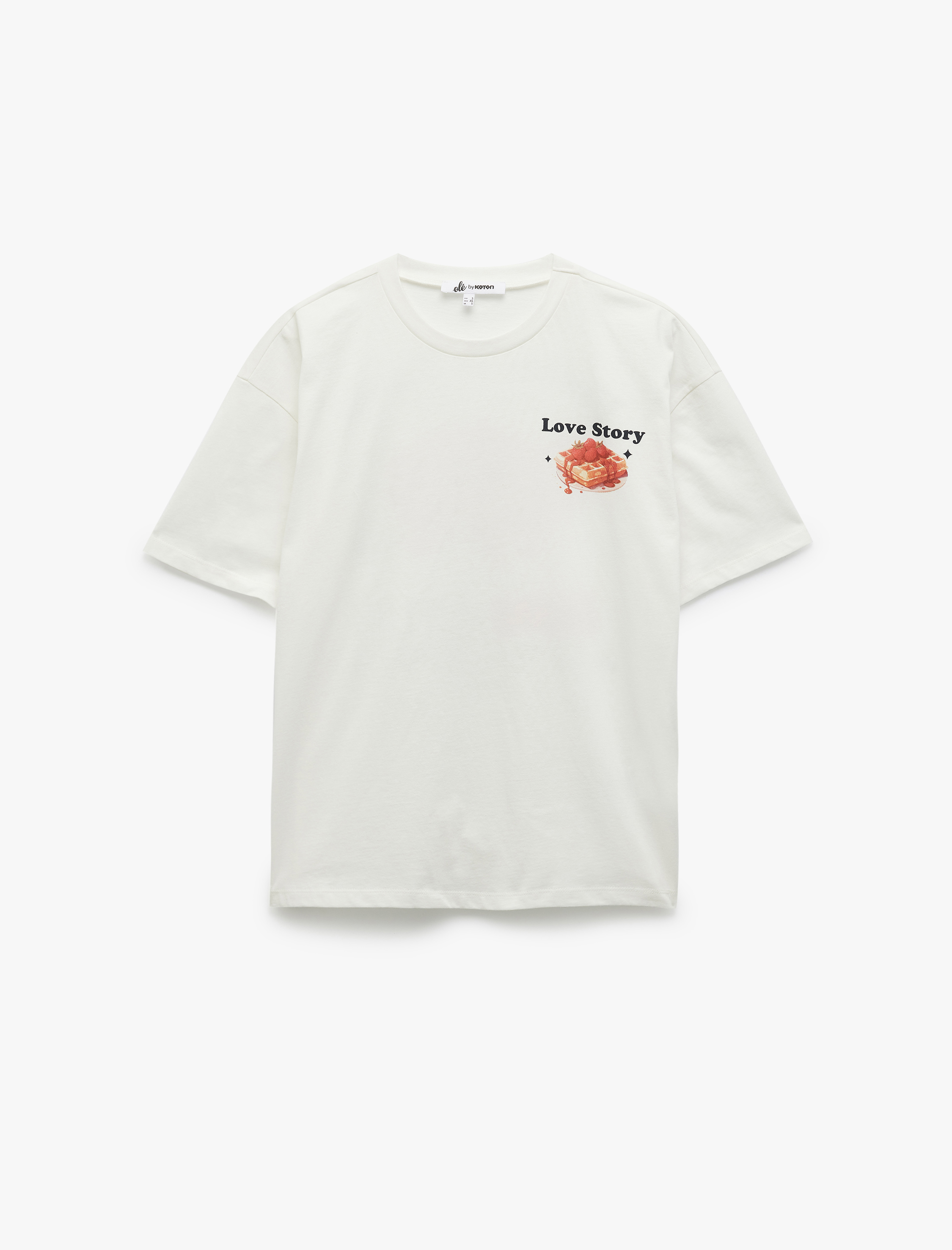   Kısa Kollu Bisiklet Yaka Pamuklu Arkası Çilek Baskılı Oversize Tişört