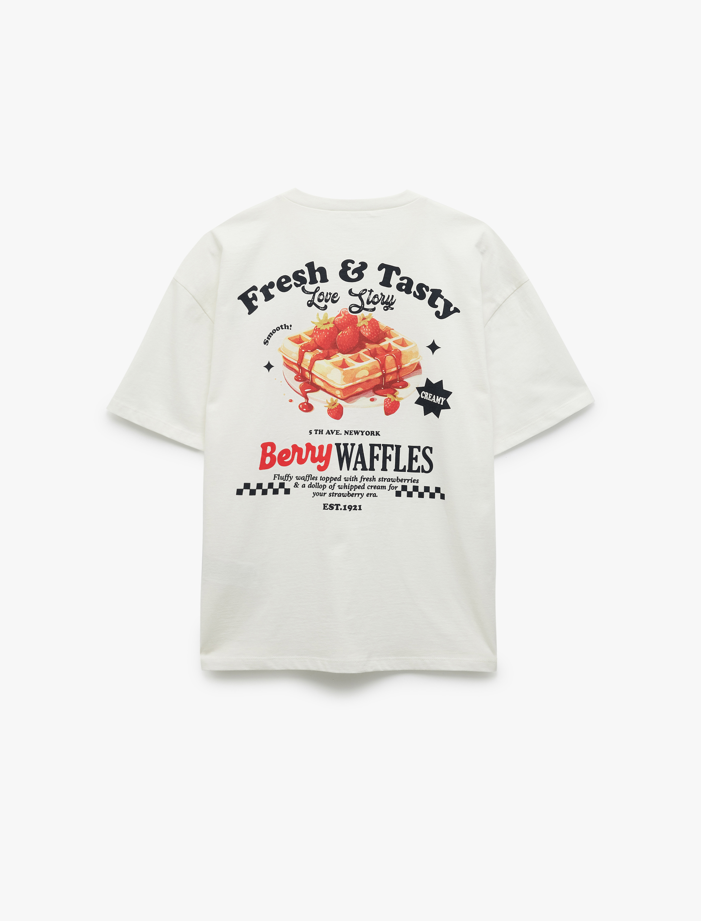   Kısa Kollu Bisiklet Yaka Pamuklu Arkası Çilek Baskılı Oversize Tişört