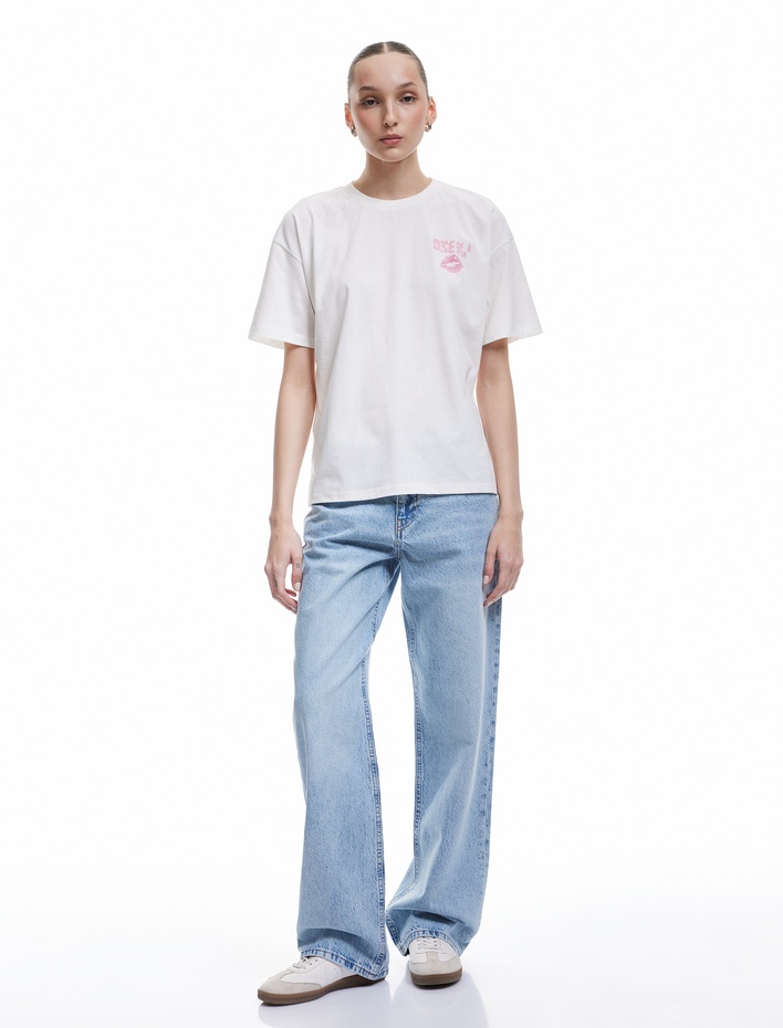  Kısa Kollu Bisiklet Yaka Pamuklu Arkası Baskılı Oversize Tişört