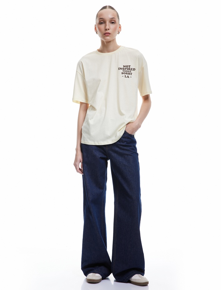  Kısa Kollu Bisiklet Yaka Pamuklu Arkası Baskılı Oversize Tişört