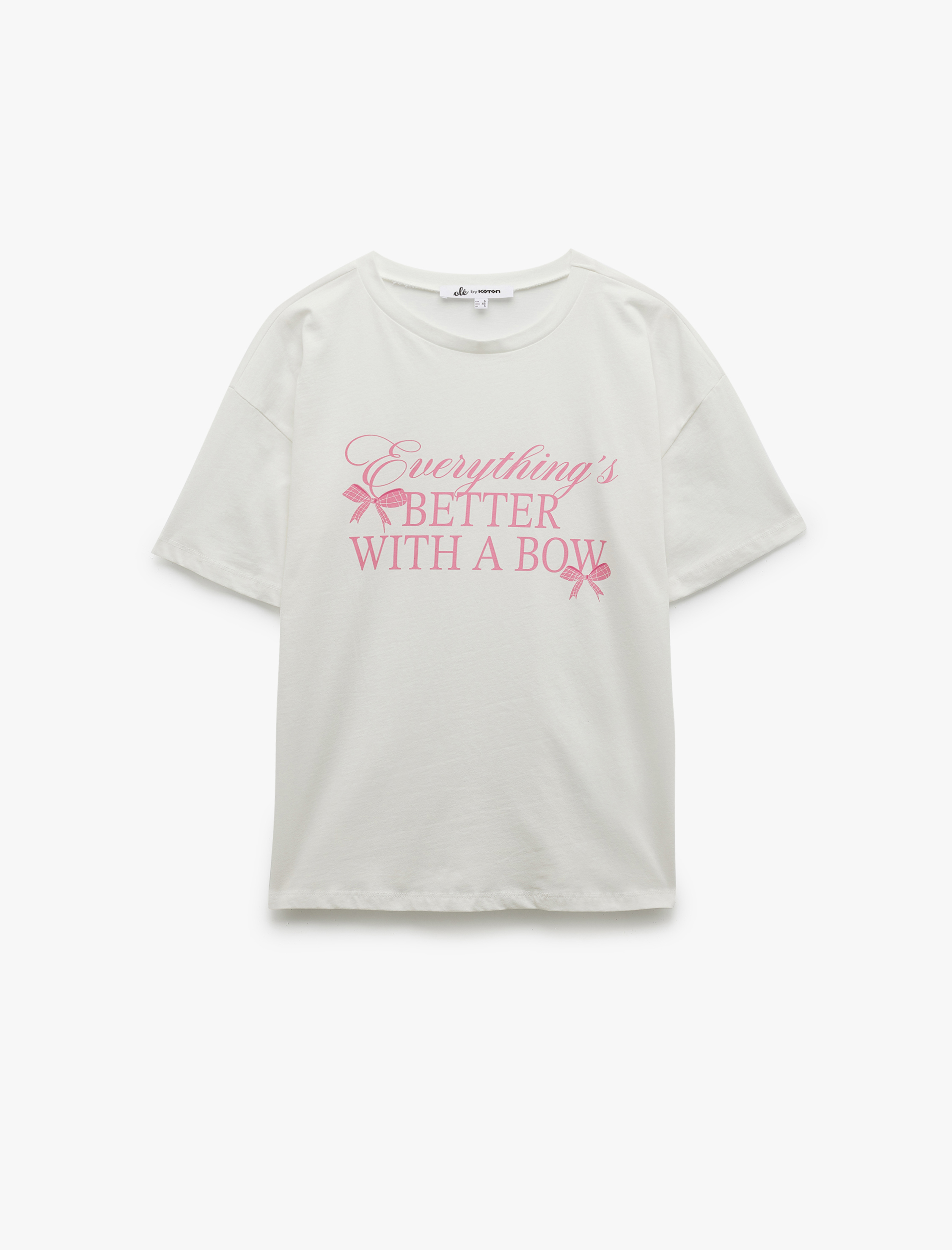   Kısa Kollu Bisiklet Yaka Pamuklu Fiyonk Baskılı Oversize Tişört