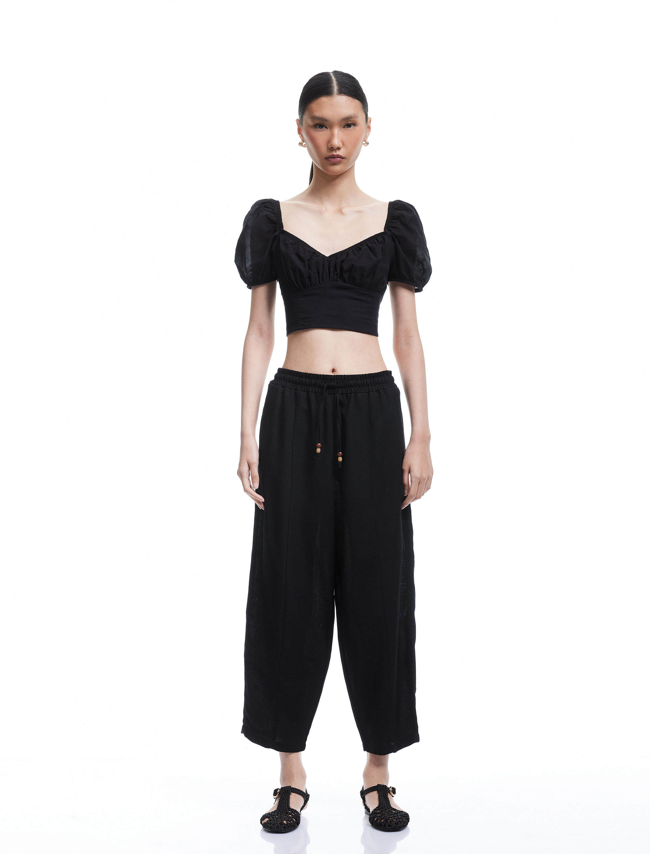 Astarlı Rahat Kalıp Beli Bağcıklı Balon Fit Keten Pantolon