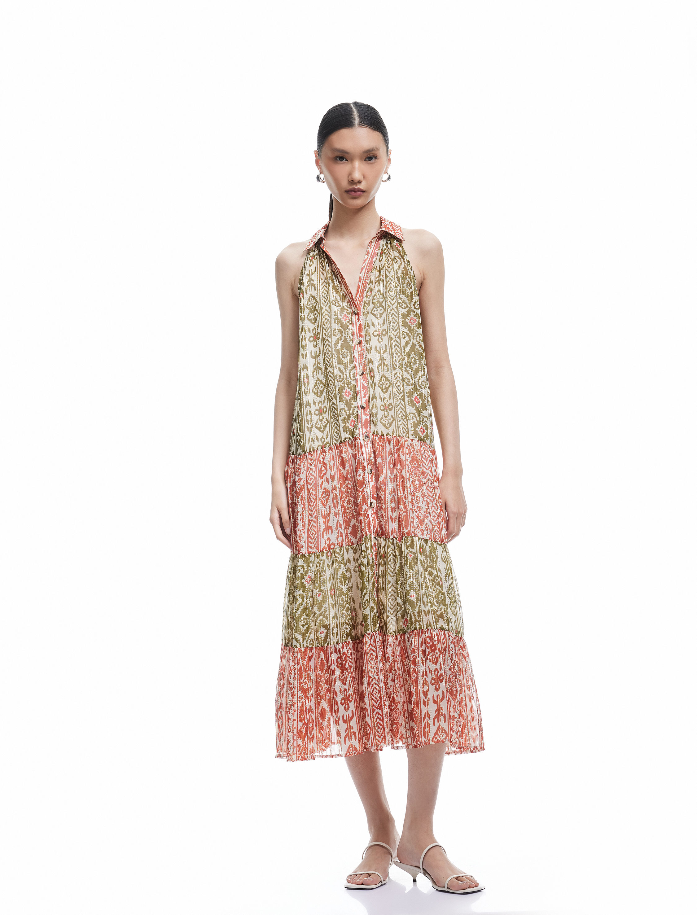   Düğmeli Kolsuz Etnik Desenli Parıltılı Şifon Uzun Gömlek Elbise