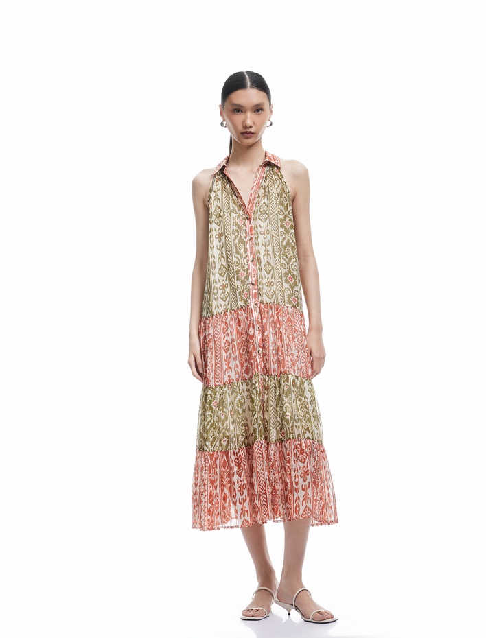  Düğmeli Kolsuz Etnik Desenli Parıltılı Şifon Uzun Gömlek Elbise