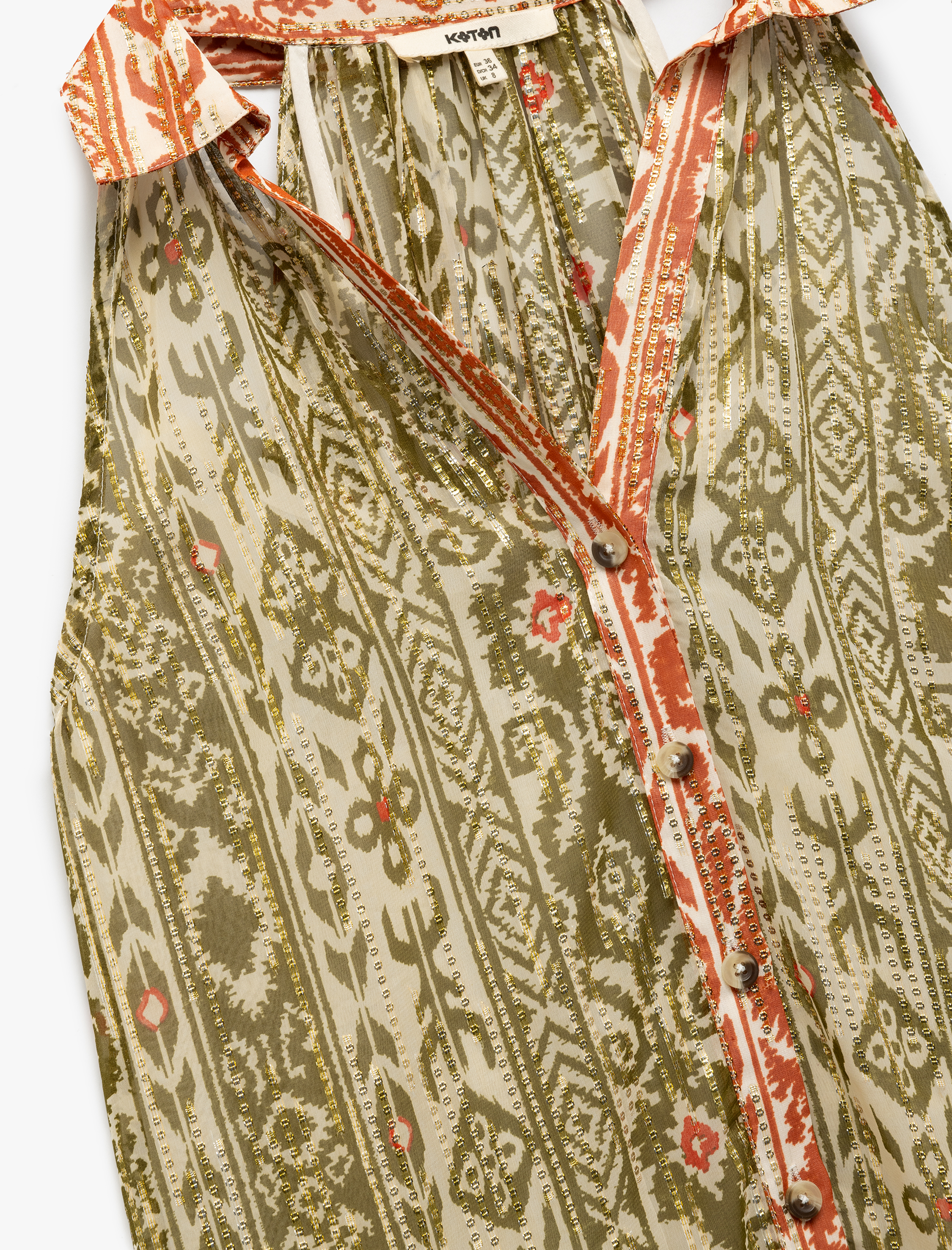   Düğmeli Kolsuz Etnik Desenli Parıltılı Şifon Uzun Gömlek Elbise