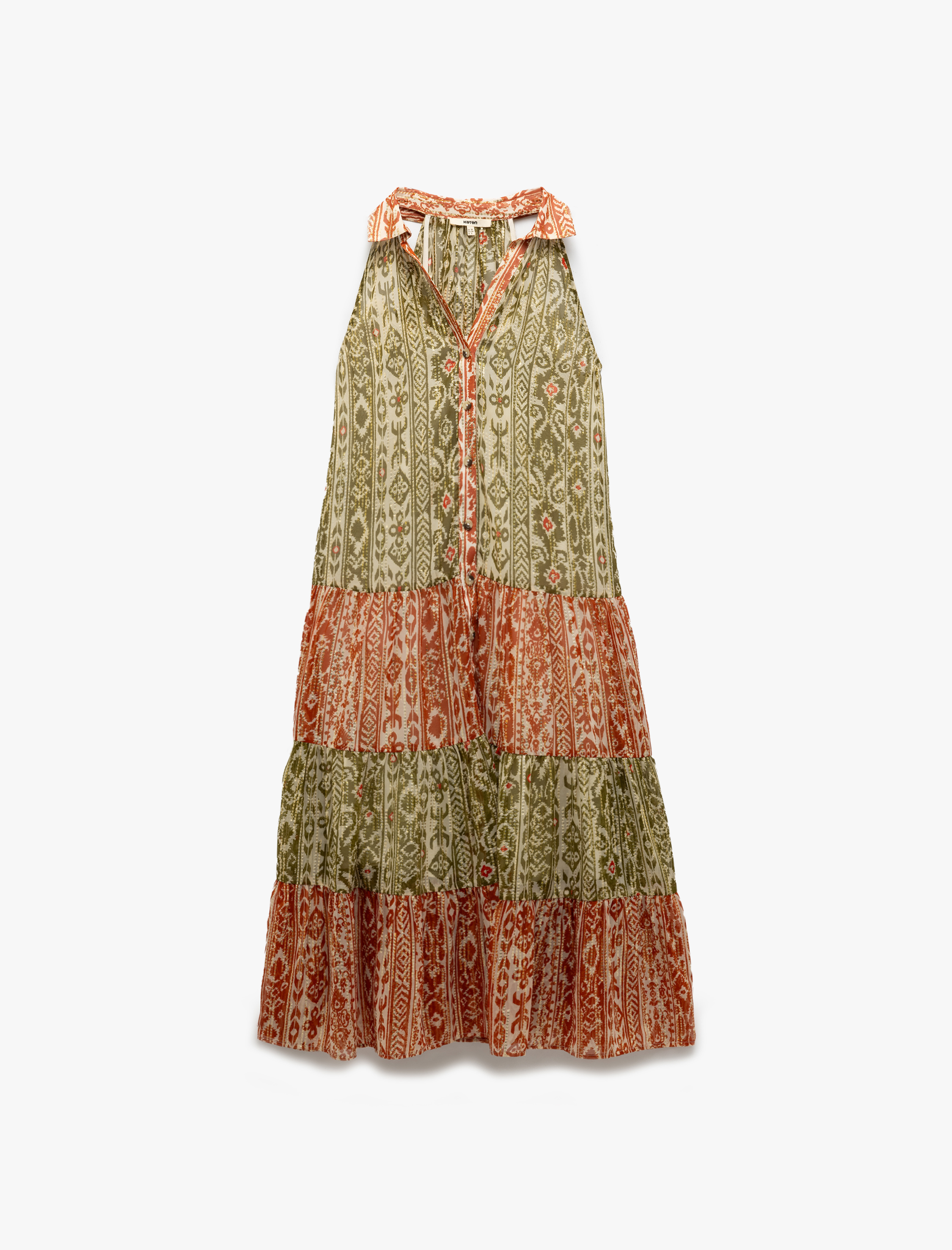   Düğmeli Kolsuz Etnik Desenli Parıltılı Şifon Uzun Gömlek Elbise