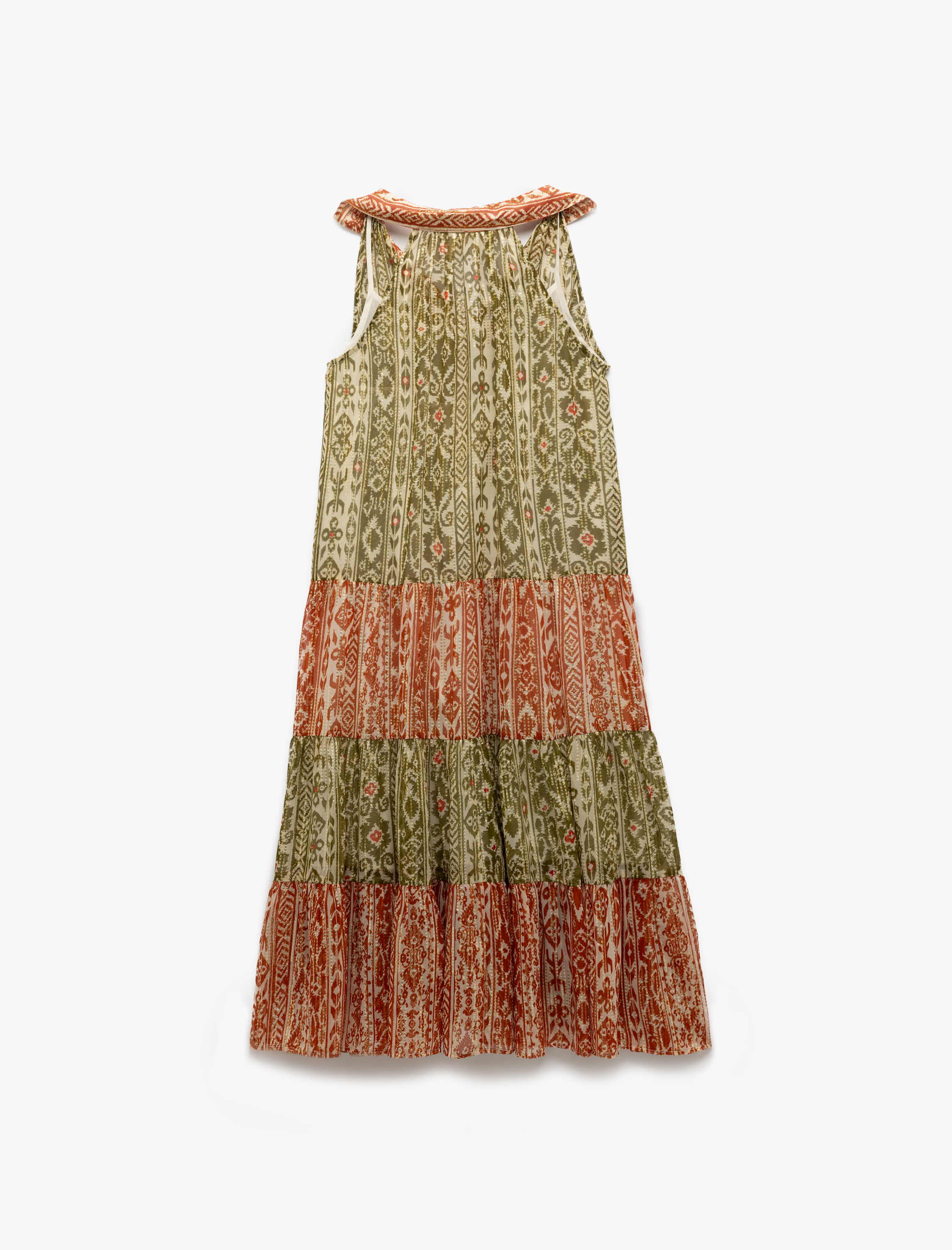   Düğmeli Kolsuz Etnik Desenli Parıltılı Şifon Uzun Gömlek Elbise