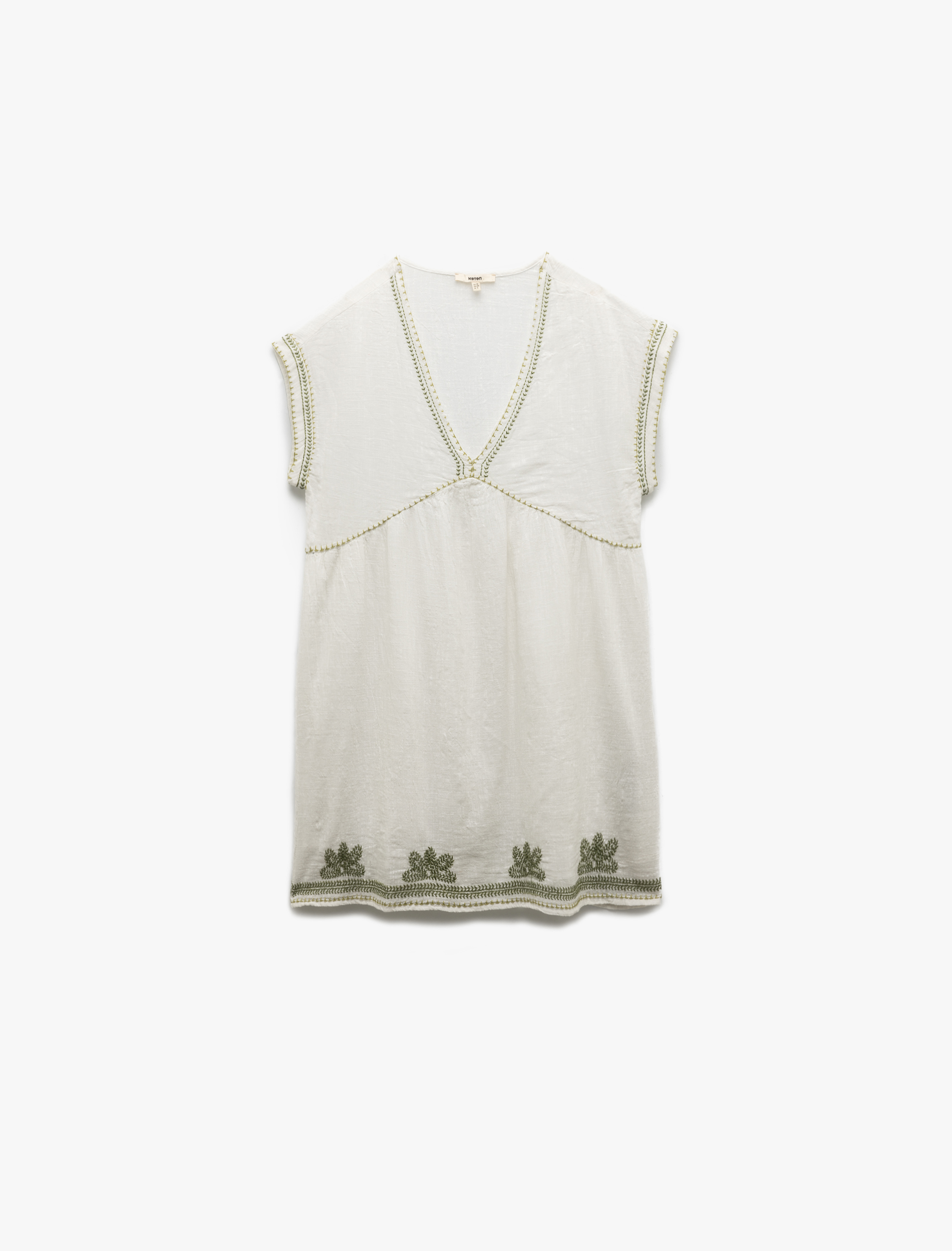 Rahat Kalıp Pamuklu Nakış Detaylı Kısa Kollu V Yaka Mini Elbise