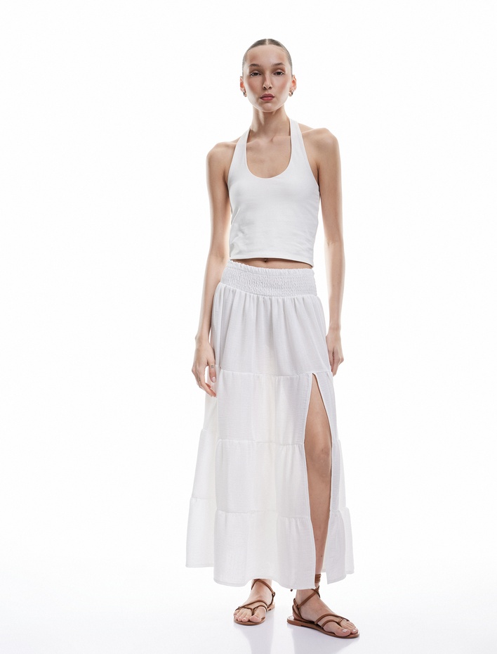  Gipeli Asimetrik Rahat Kesim Katlı Uzun Etek