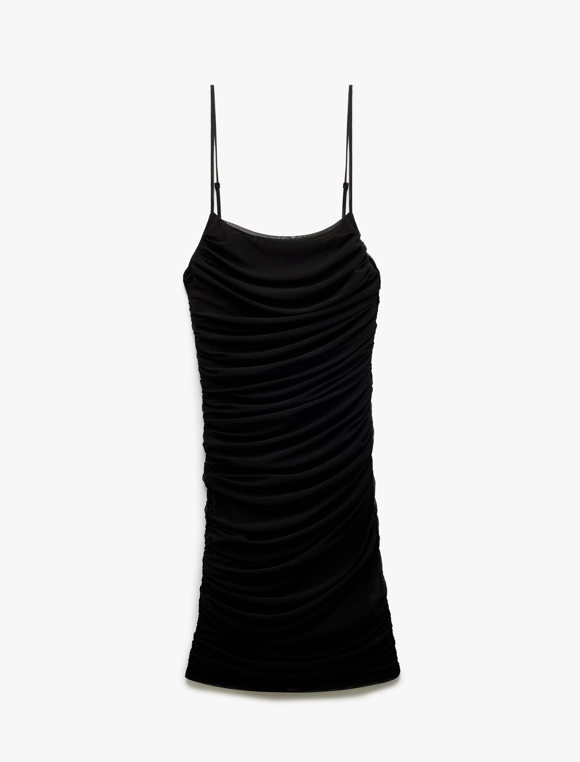   Drapeli  Tül Detaylı İnce Askılı Mini Elbise