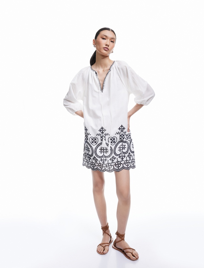  Pamuklu Astarlı Etnik Desenli Uzun Balon Kol Diz Üstü Elbise