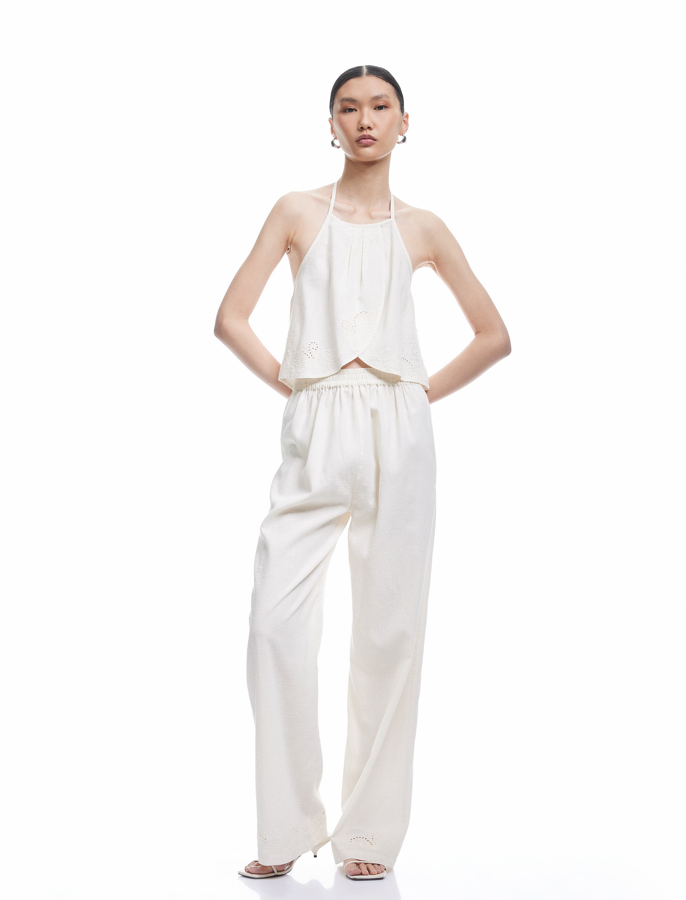   Pamuk Dokulu Brodeli Yüksek Bel Düz Bol Paça Pantolon