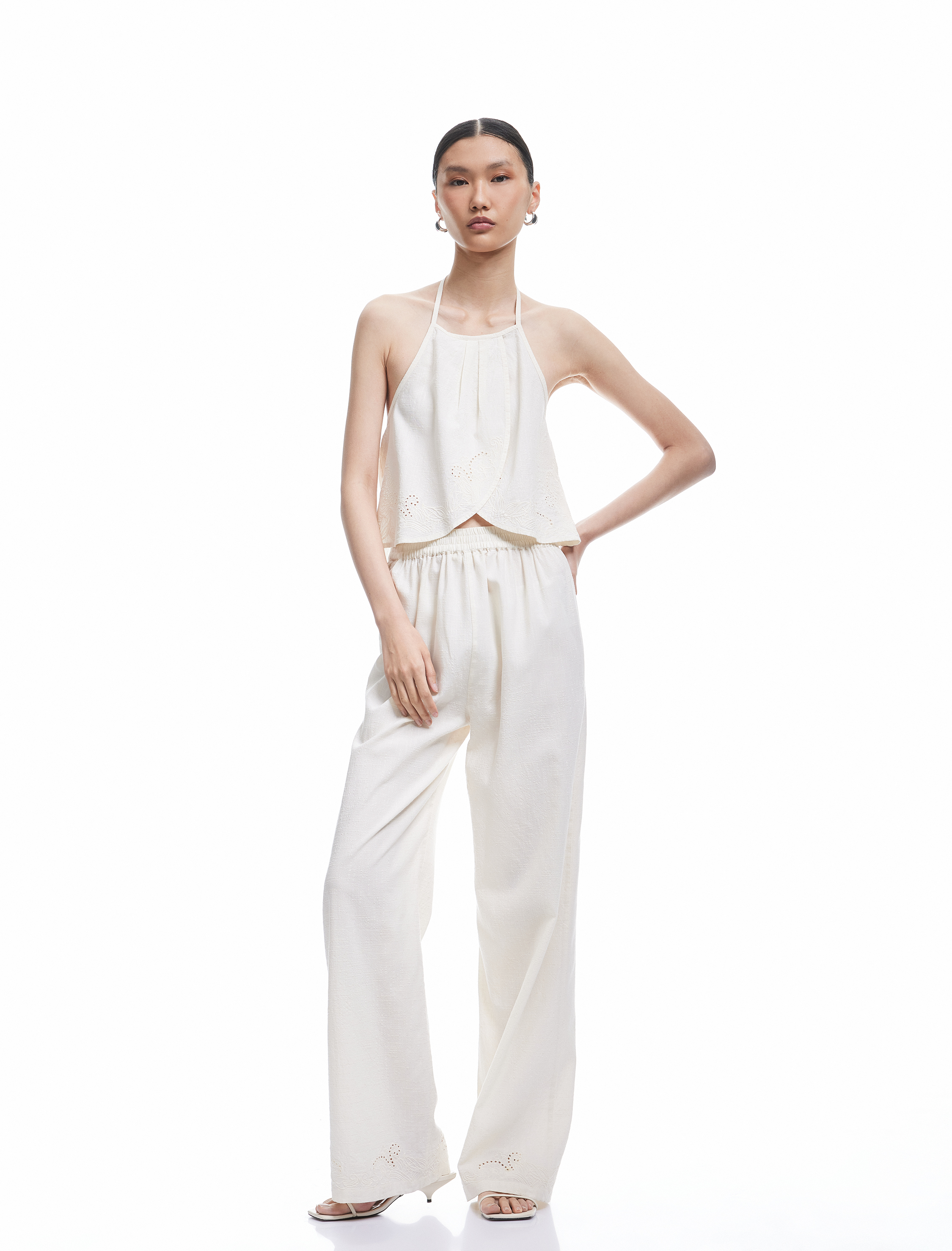   Pamuk Dokulu Brodeli Yüksek Bel Düz Bol Paça Pantolon