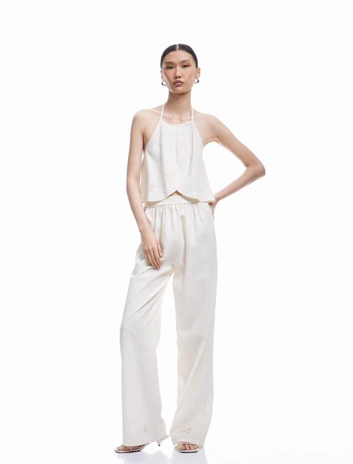  Pamuk Dokulu Brodeli Yüksek Bel Düz Bol Paça Pantolon