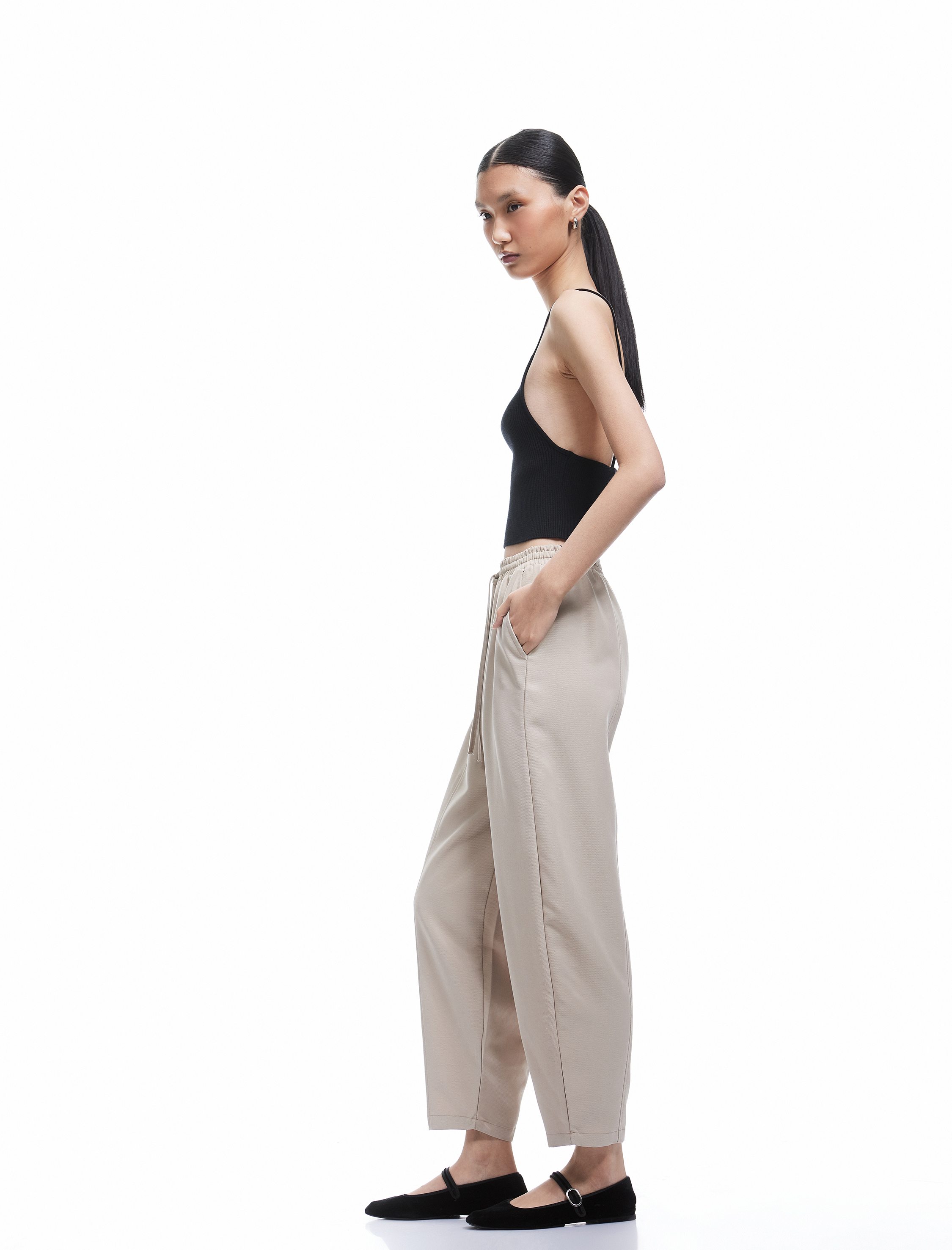   Modal Kumaş Beli Bağcıklı Cepli Balon Fit Pantolon