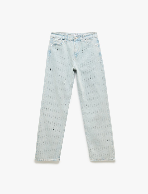 Taş Detaylı Düz Paça Düğmeli Pamuklu Jean Pantolon - Straight Fit Jean_3