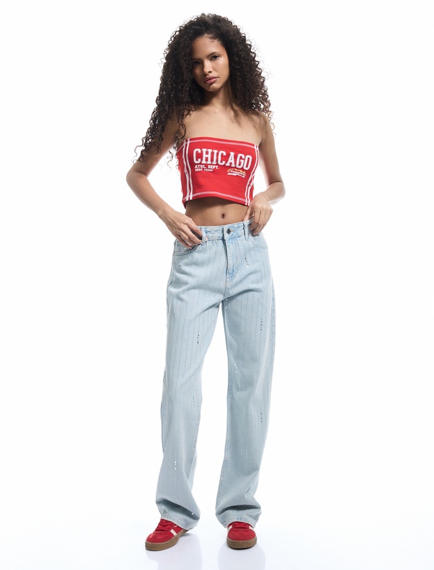 Taş Detaylı Düz Paça Düğmeli Pamuklu Jean Pantolon - Straight Fit Jean_0