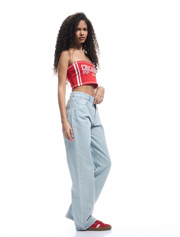Taş Detaylı Düz Paça Düğmeli Pamuklu Jean Pantolon - Straight Fit Jean_1