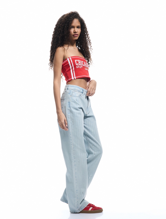  Taş Detaylı Düz Paça Düğmeli Pamuklu Jean Pantolon - Straight Fit Jean