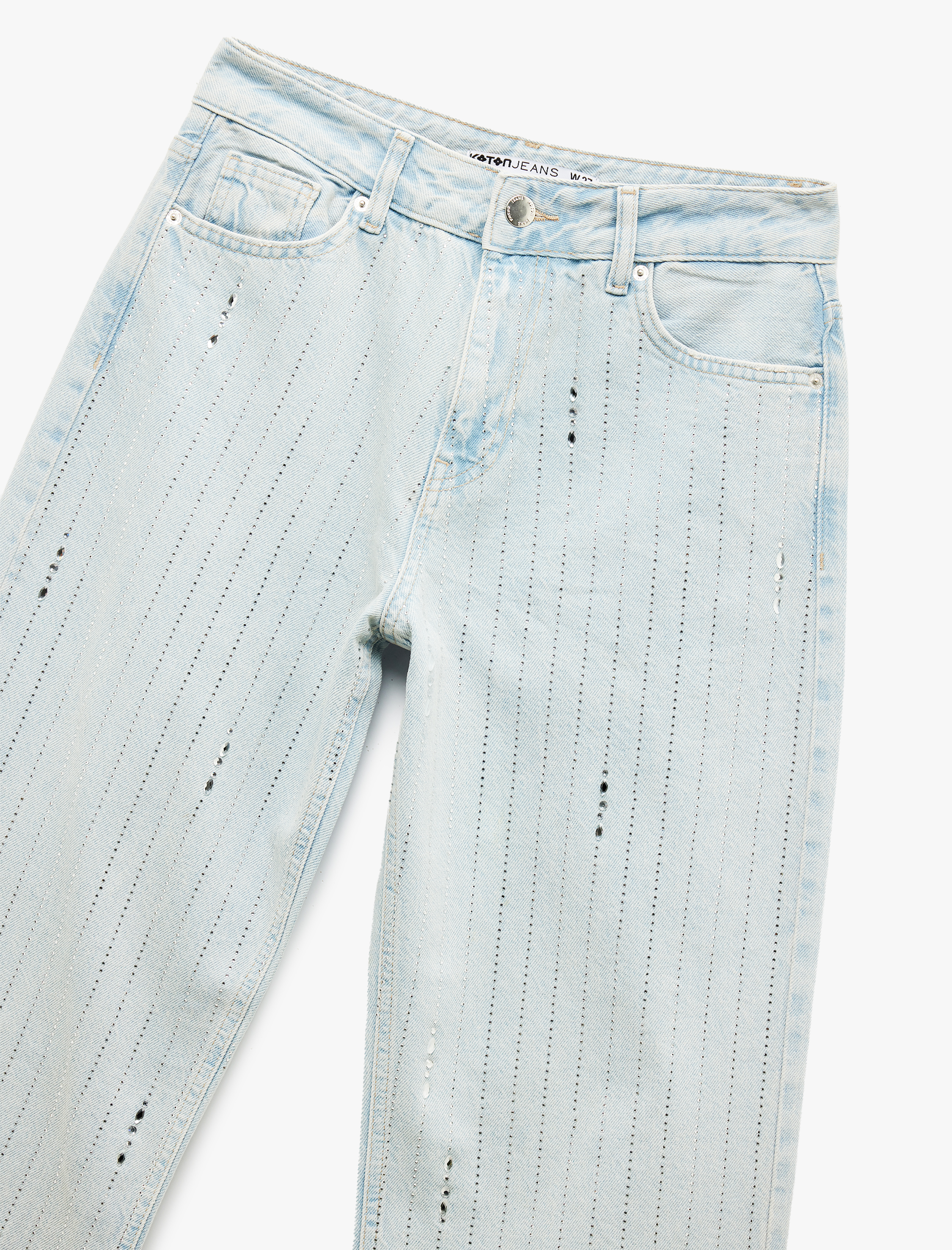   Taş Detaylı Düz Paça Düğmeli Pamuklu Jean Pantolon - Straight Fit Jean