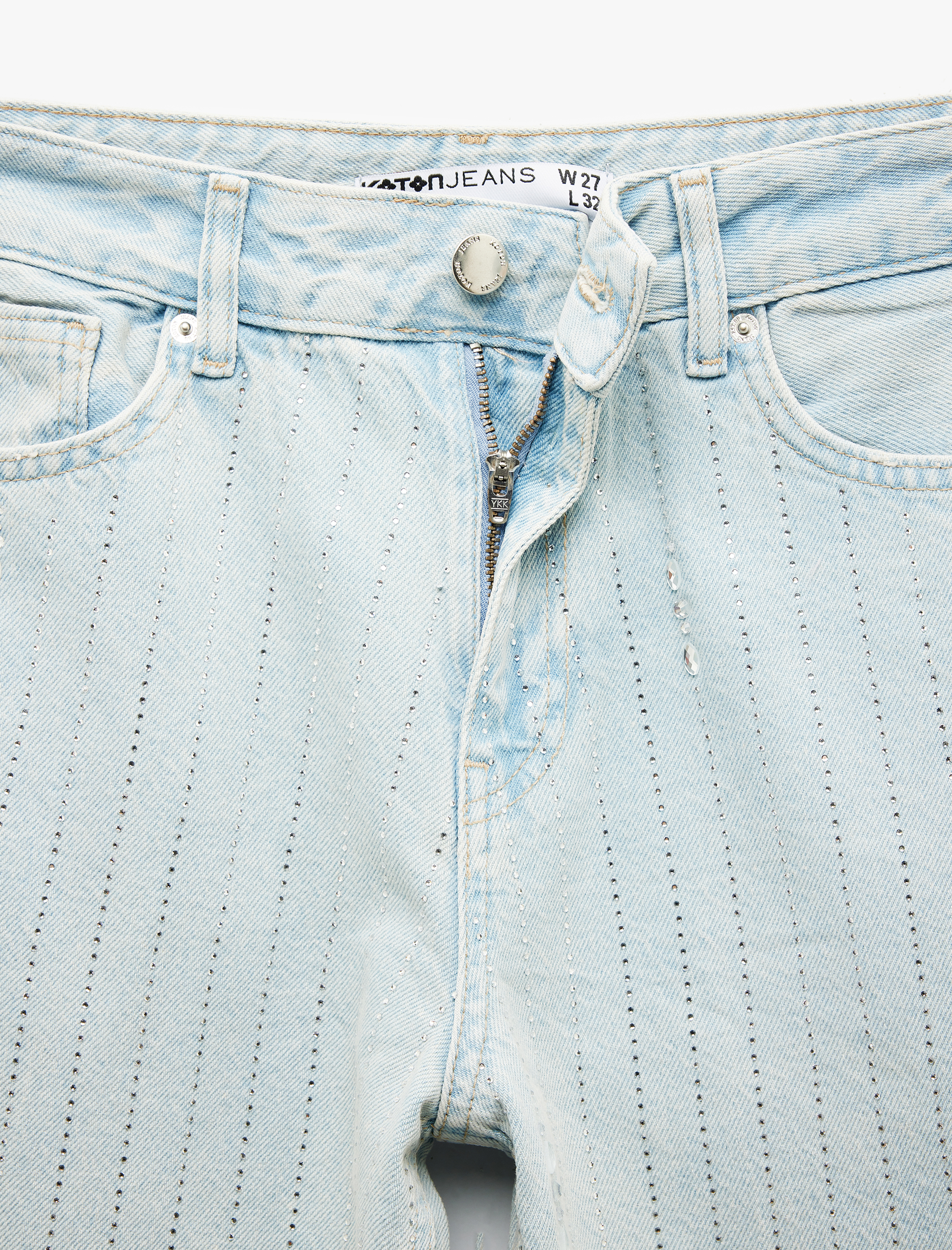   Taş Detaylı Düz Paça Düğmeli Pamuklu Jean Pantolon - Straight Fit Jean