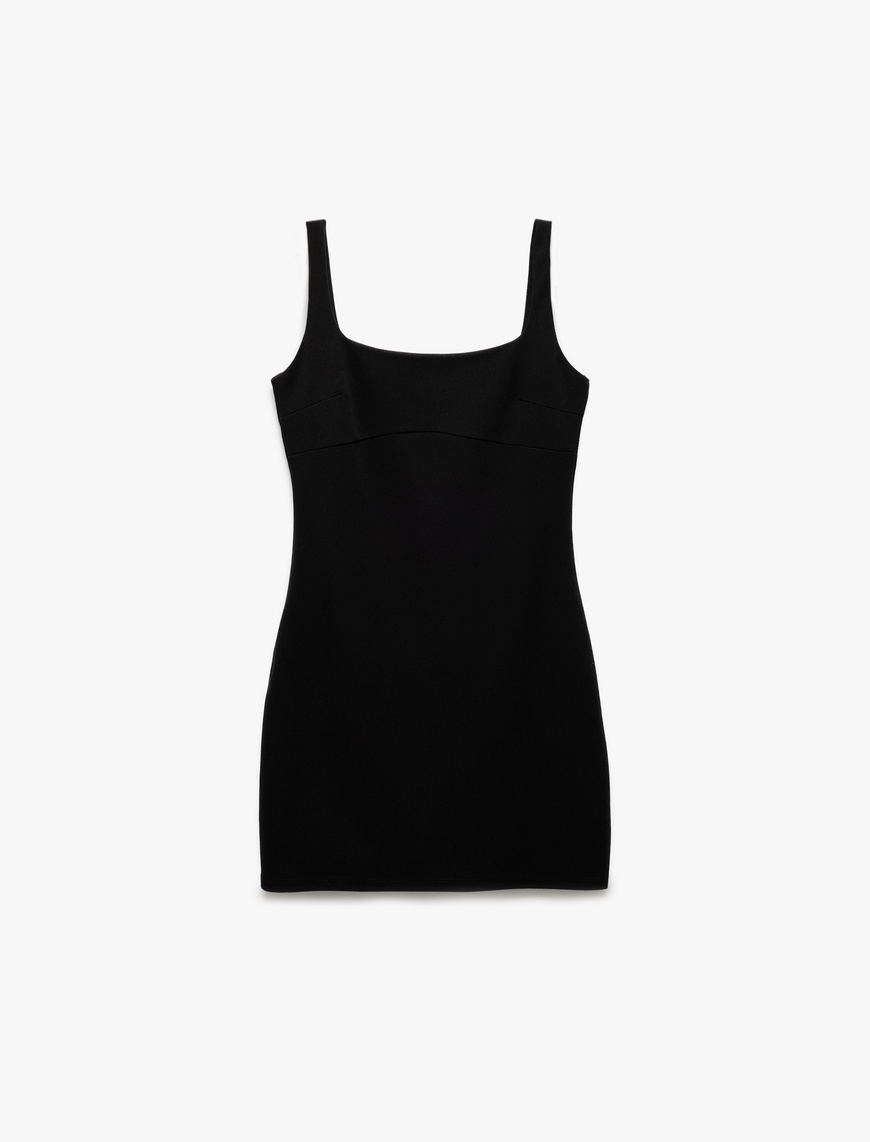   Kolsuz Slim Fit Kare Yaka Askılı Mini Elbise