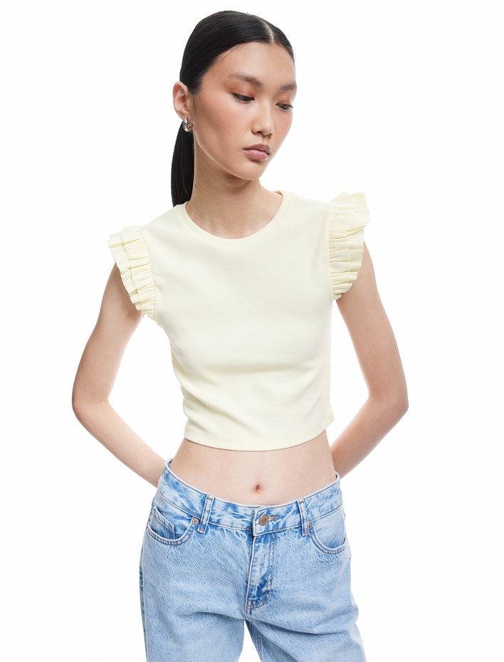  Pamuklu Bisiklet Yaka Slim Fit Fırfırlı Kolsuz Tişört