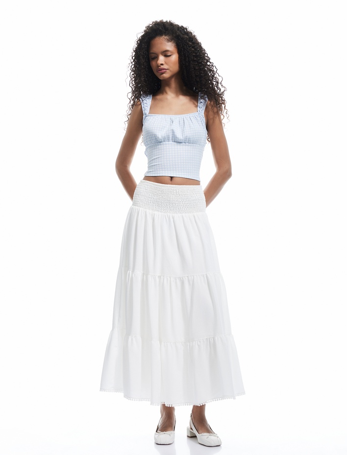  Kare Yaka Kalın Askılı Potikareli Dar Kesim Sırt Detaylı Bürümcük Crop Bluz