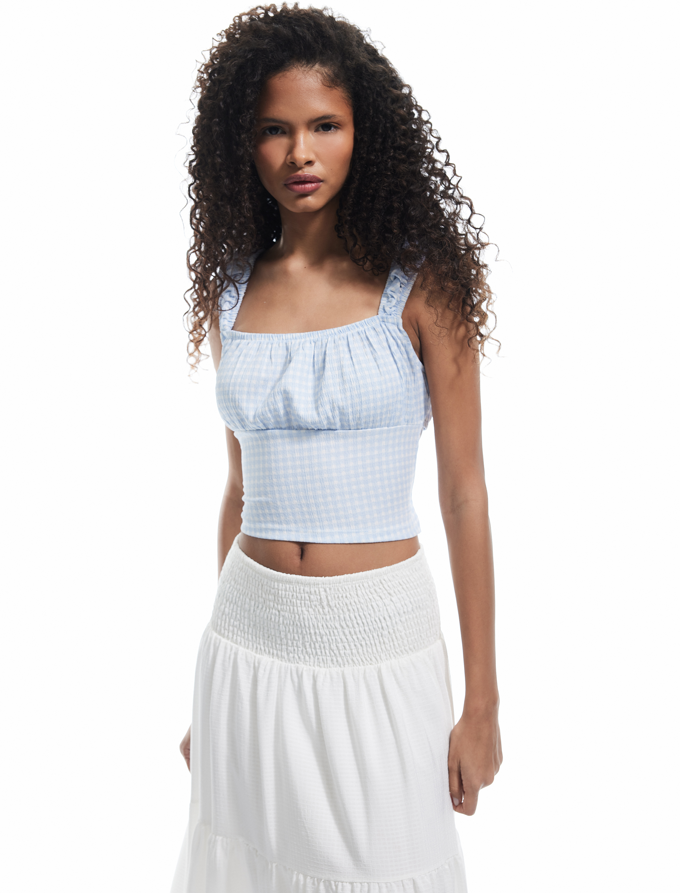   Kare Yaka Kalın Askılı Potikareli Dar Kesim Sırt Detaylı Bürümcük Crop Bluz